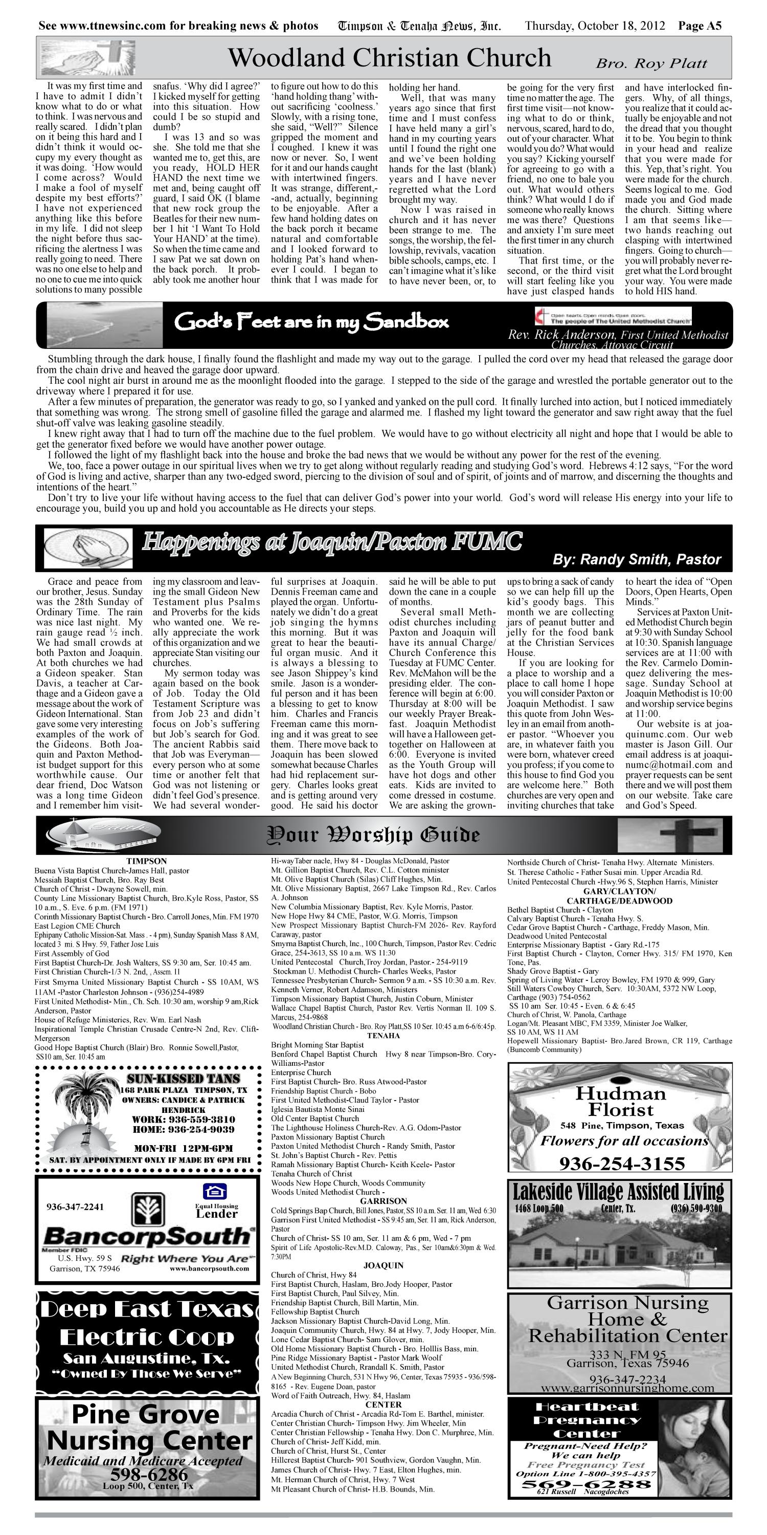 Timpson & Tenaha News (Timpson, Tex.), Vol. 32, No. 42, Ed. 1 Thursday, October 18, 2012
                                                
                                                    [Sequence #]: 5 of 16
                                                