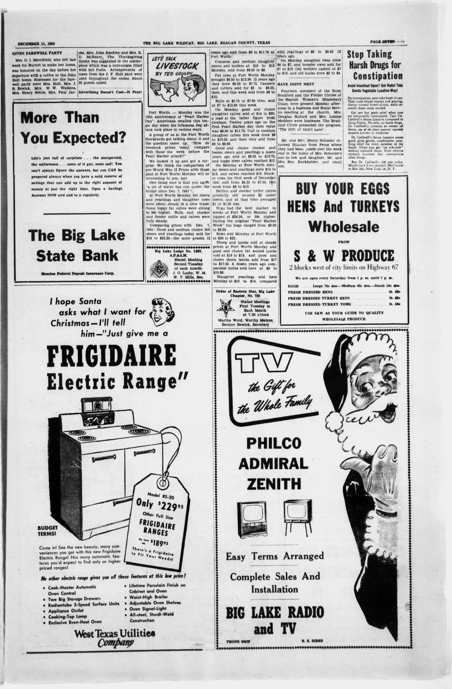 The Big Lake Wildcat (Big Lake, Tex.), Vol. 28, No. 49, Ed. 1 Friday, December 11, 1953
                                                
                                                    [Sequence #]: 7 of 8
                                                
