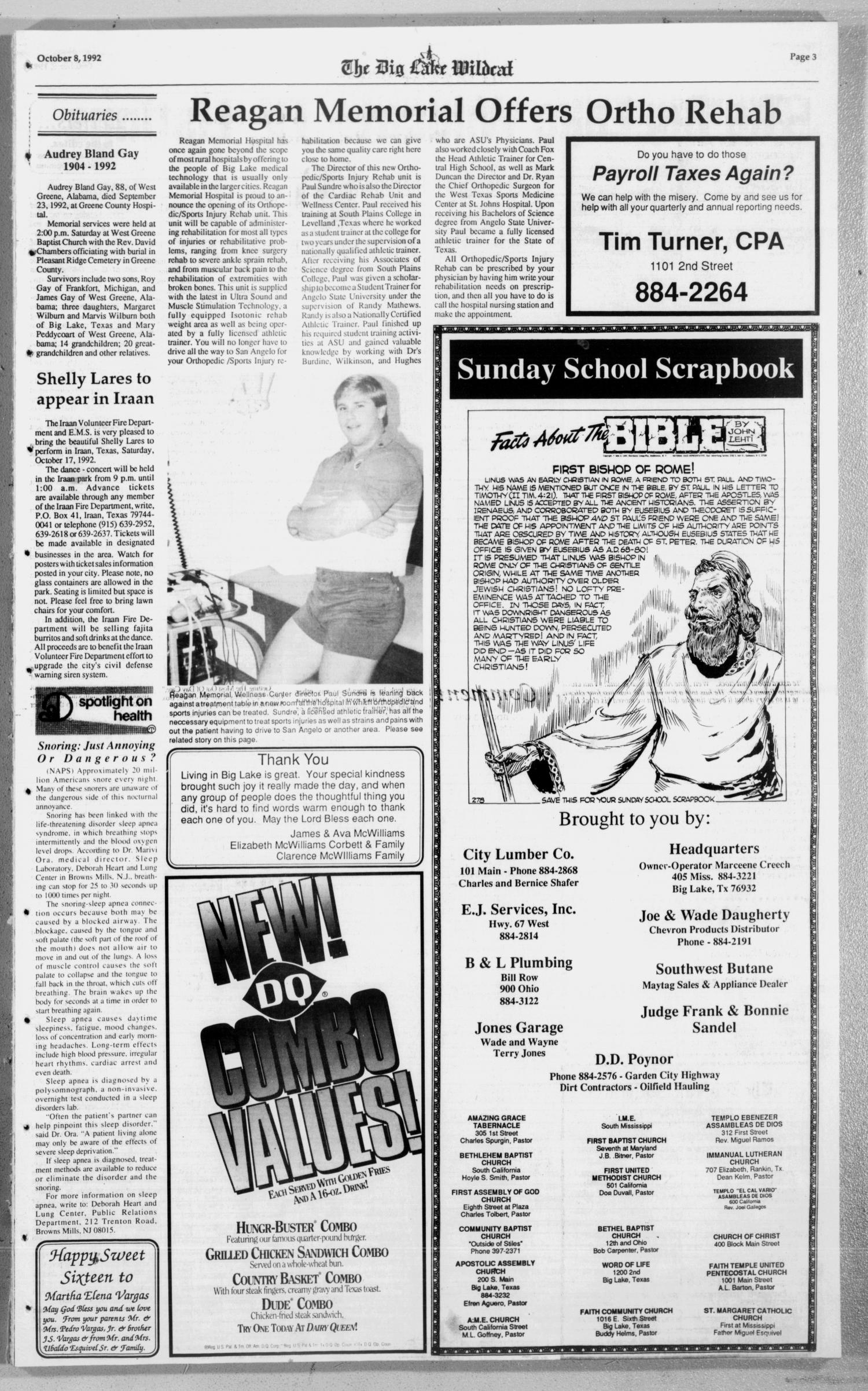 The Big Lake Wildcat (Big Lake, Tex.), Vol. SIXTY SEVENTH YEAR, No. 41, Ed. 1 Thursday, October 8, 1992
                                                
                                                    [Sequence #]: 3 of 12
                                                