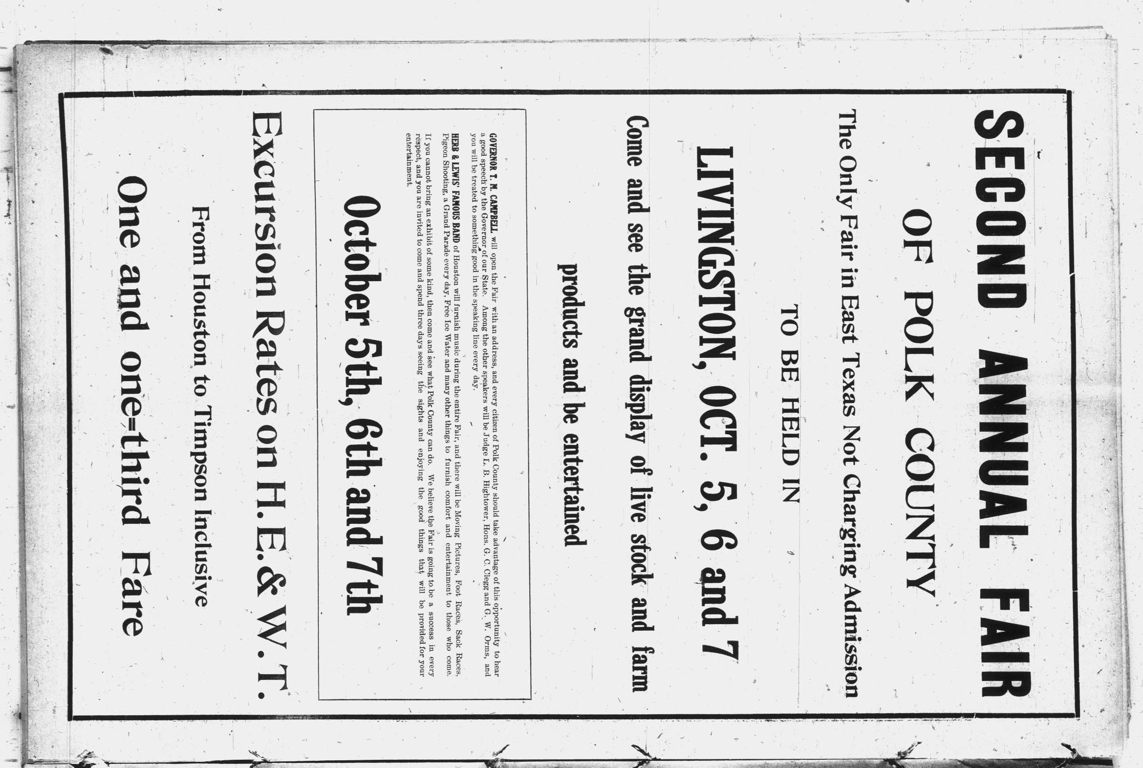 The Polk County Enterprise (Livingston, Tex.), Vol. 7, No. 2, Ed. 1 Thursday, September 29, 1910
                                                
                                                    [Sequence #]: 2 of 10
                                                