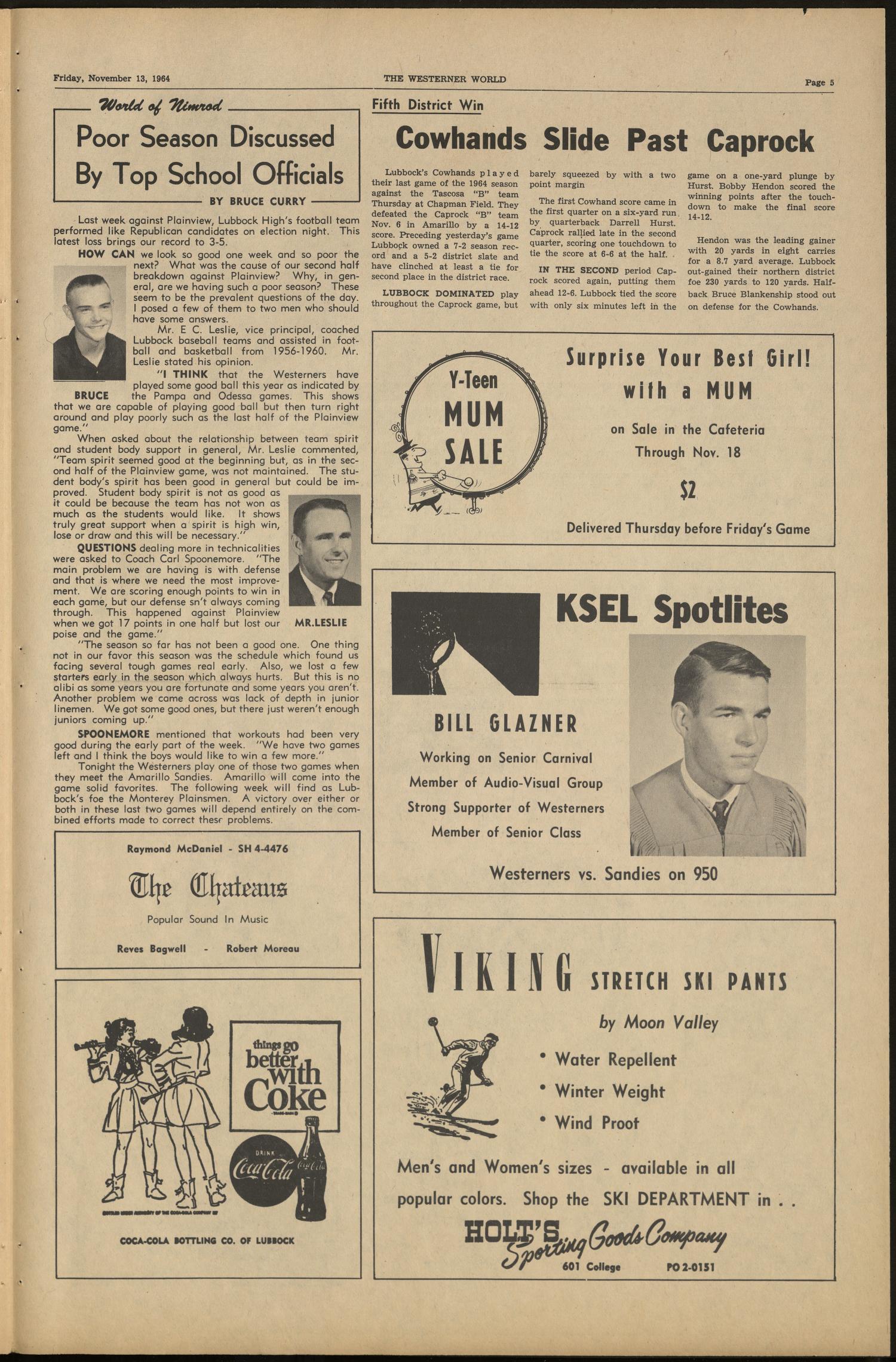 The Westerner World (Lubbock, Tex.), Vol. 31, No. 9, Ed. 1 Friday, November 13, 1964
                                                
                                                    [Sequence #]: 5 of 6
                                                