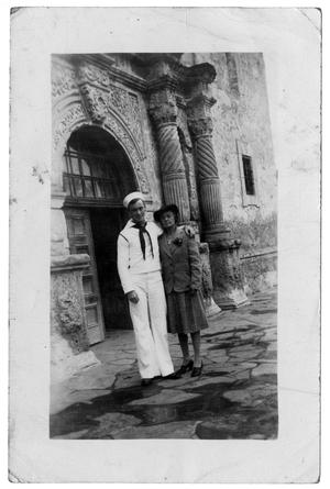 Primary view of object titled '[James Edgar Sutherlin and Edith Wilson Sutherlin in Front of Alamo]'.