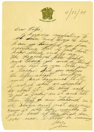 Primary view of object titled '[Letter by James Sutherlin to his parents - 11/13/1944]'.