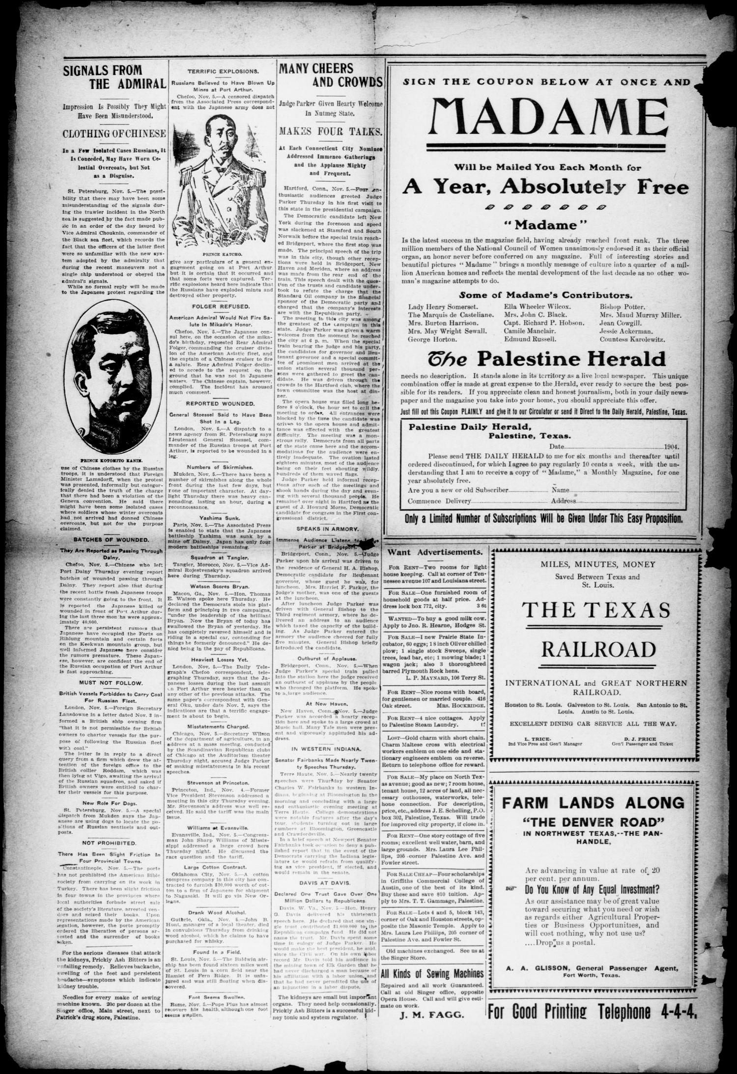 Palestine Daily Herald (Palestine, Tex), Vol. 3, No. 105, Ed. 1, Saturday, November 5, 1904
                                                
                                                    [Sequence #]: 2 of 6
                                                