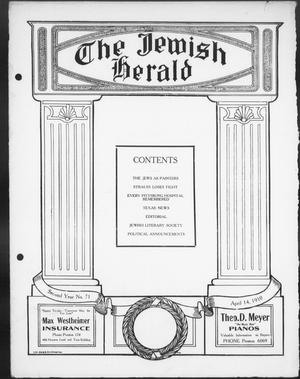 Primary view of object titled 'The Jewish Herald (Houston, Tex.), Vol. 2, No. 31, Ed. 1, Thursday, April 14, 1910'.