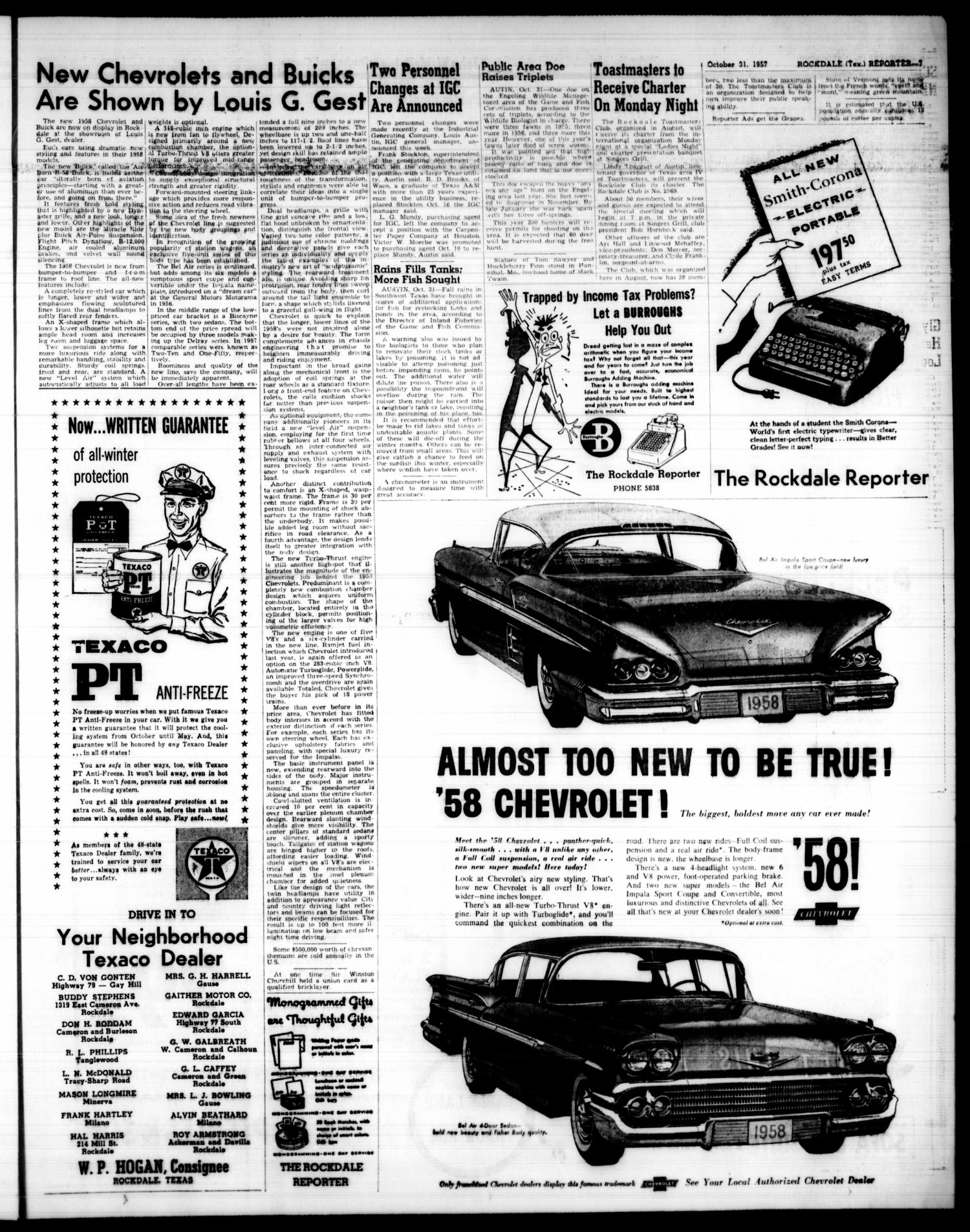 The Rockdale Reporter and Messenger (Rockdale, Tex.), Vol. 85, No. 42, Ed. 1 Thursday, October 31, 1957
                                                
                                                    [Sequence #]: 6 of 19
                                                