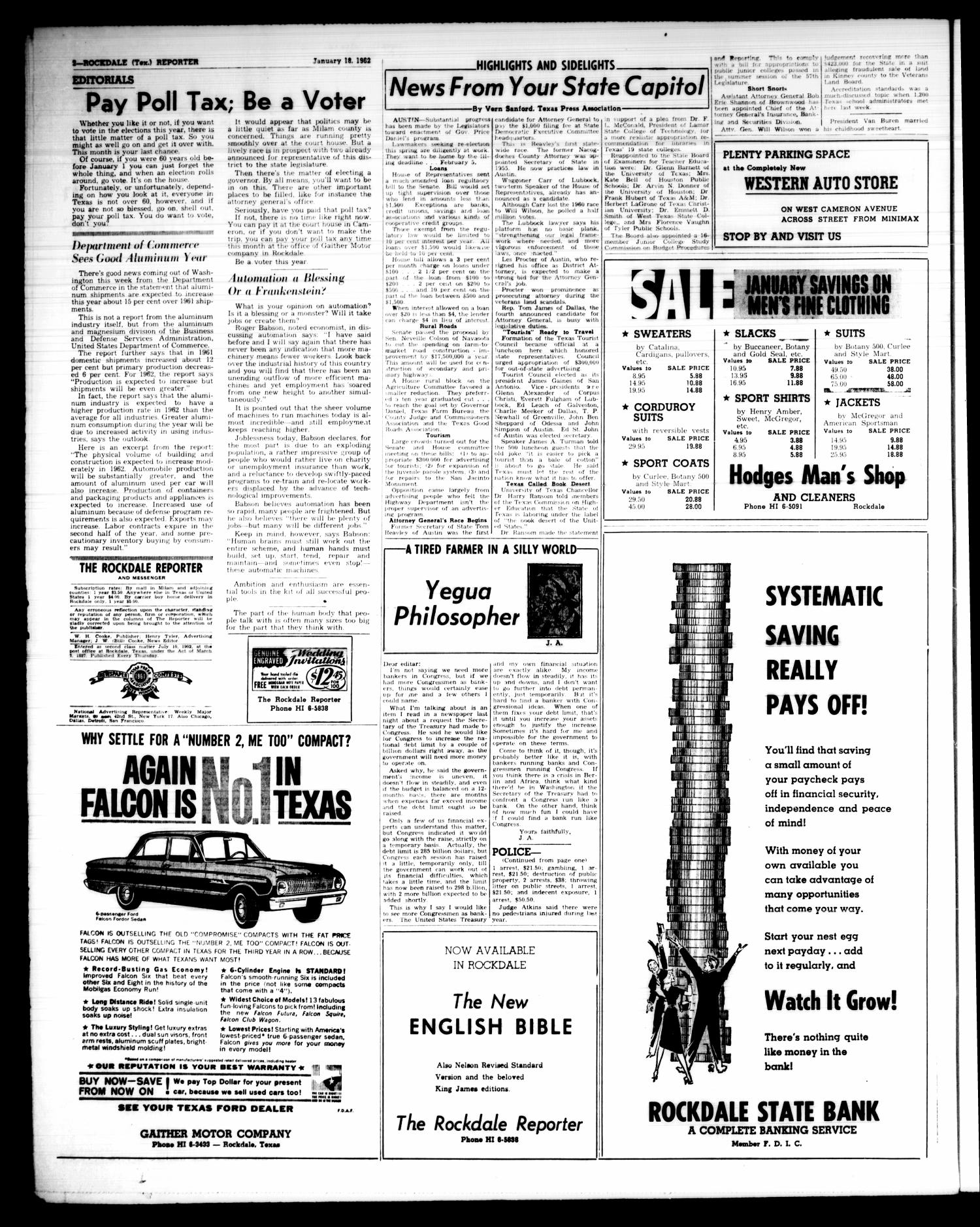 The Rockdale Reporter and Messenger (Rockdale, Tex.), Vol. 90, No. 02, Ed. 1 Thursday, January 18, 1962
                                                
                                                    [Sequence #]: 2 of 14
                                                