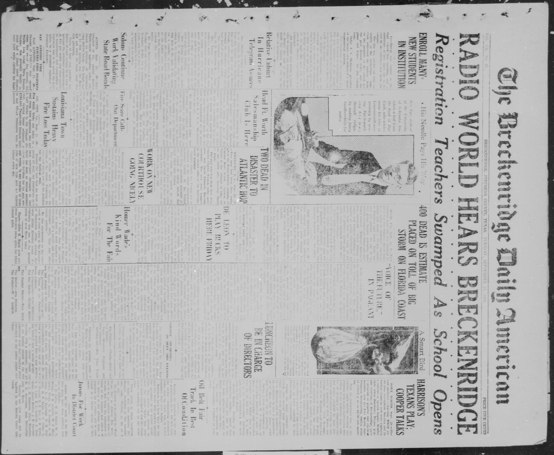 The Breckenridge Daily American (Breckenridge, Tex.), Vol. 7, No. 67, Ed. 1, Tuesday, September 21, 1926
                                                
                                                    [Sequence #]: 1 of 4
                                                
