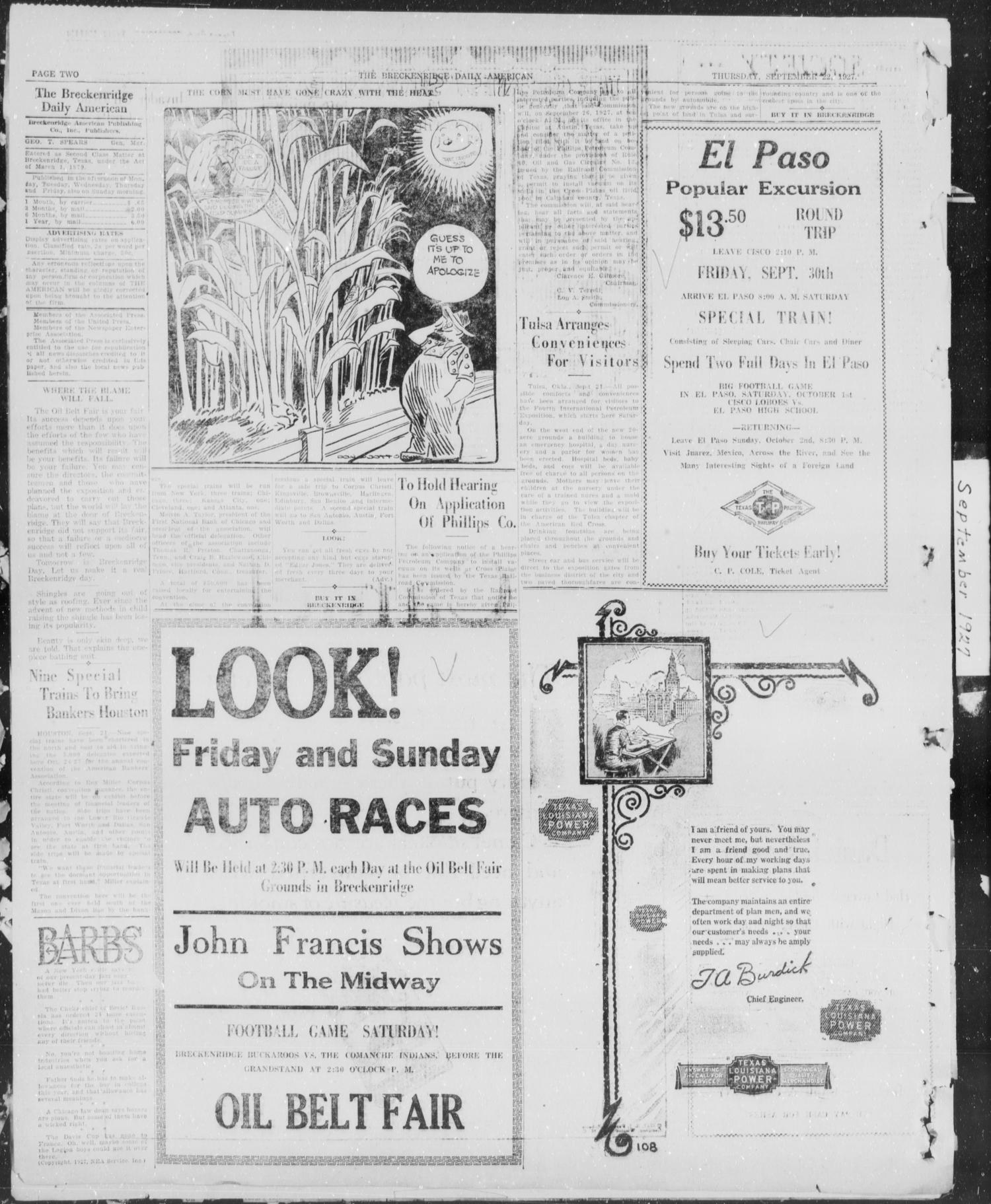 The Breckenridge Daily American (Breckenridge, Tex.), Vol. 8, No. 66, Ed. 1, Thursday, September 22, 1927
                                                
                                                    [Sequence #]: 2 of 6
                                                