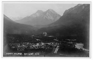 Primary view of object titled '[Postcard of Banff Village and Goat Mountain]'.