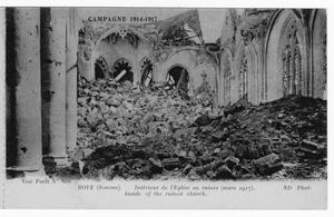 Primary view of object titled '[Postcard of Ruined Church Interior in Roye]'.
