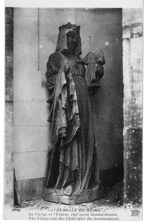 Primary view of object titled '[Postcard of Damaged Virgin Statue at Reims Cathedral]'.