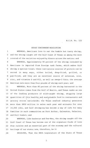Primary view of 84th Texas Legislature, Regular Session, House Concurrent Resolution 122