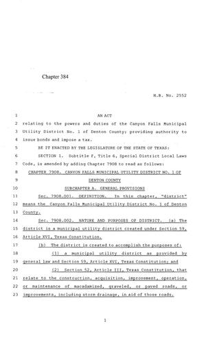 Primary view of object titled '84th Texas Legislature, Regular Session, House Bill 2552, Chapter 384'.