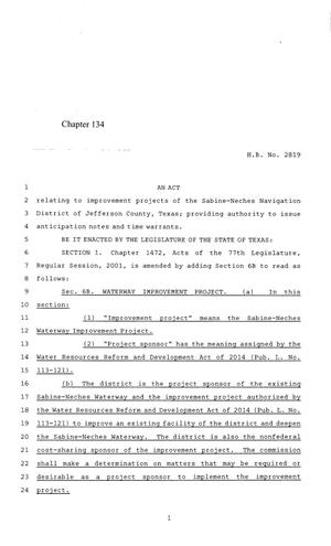 Primary view of object titled '84th Texas Legislature, Regular Session, House Bill 2819, Chapter 134'.