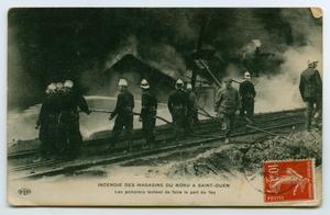 Primary view of object titled '[Postcard of Fire Fighters in Saint-Ouen]'.