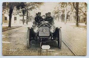 Primary view of object titled '[Postcard with a Photo of the Battle Creek F. D. Chief's Car]'.