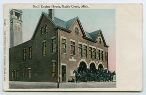 Primary view of object titled '[Postcard of No. 1 Engine House at Battle Creek, Mich.]'.