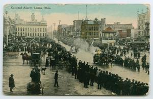 Primary view of object titled '[Postcard of a Fire Alarm Response, Lima, Ohio]'.