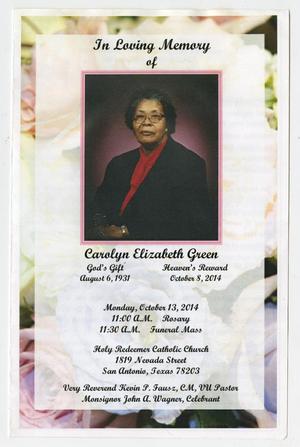 Primary view of object titled '[Funeral Program for Carolyn Elizabeth Green, October 13, 2014]'.