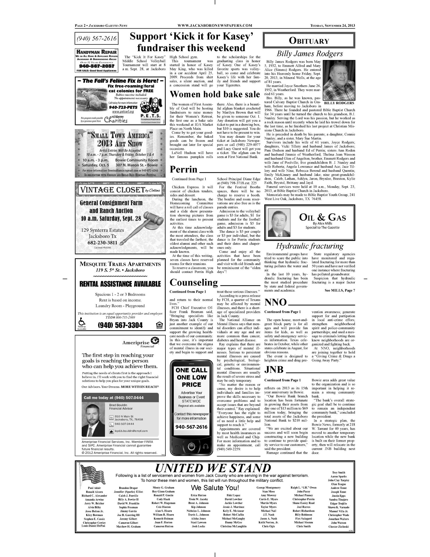 Jacksboro Gazette-News (Jacksboro, Tex.), Vol. 134, No. 16, Ed. 1 Tuesday, September 24, 2013
                                                
                                                    [Sequence #]: 2 of 10
                                                