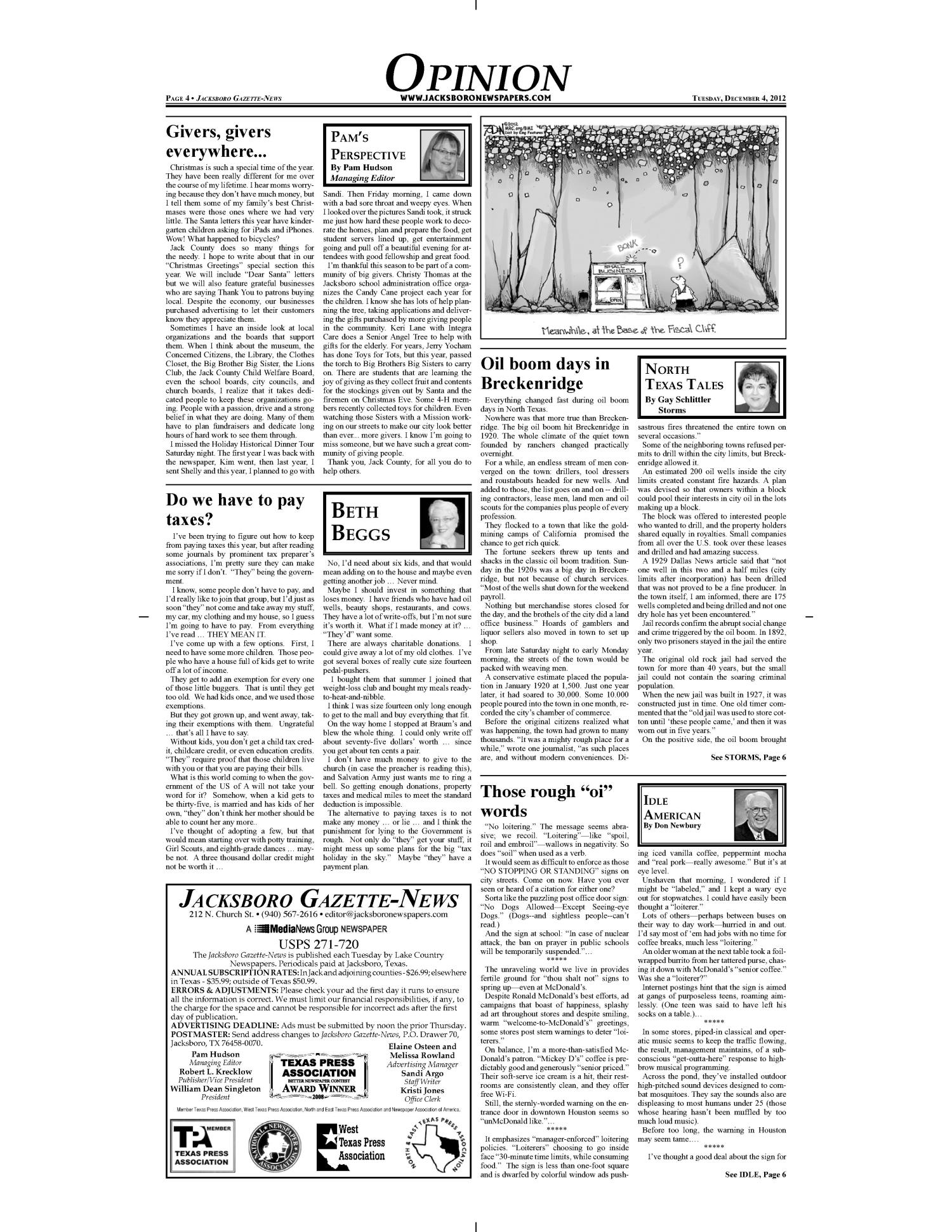 Jacksboro Gazette-News (Jacksboro, Tex.), Vol. 133, No. 26, Ed. 1 Tuesday, December 4, 2012
                                                
                                                    [Sequence #]: 4 of 10
                                                