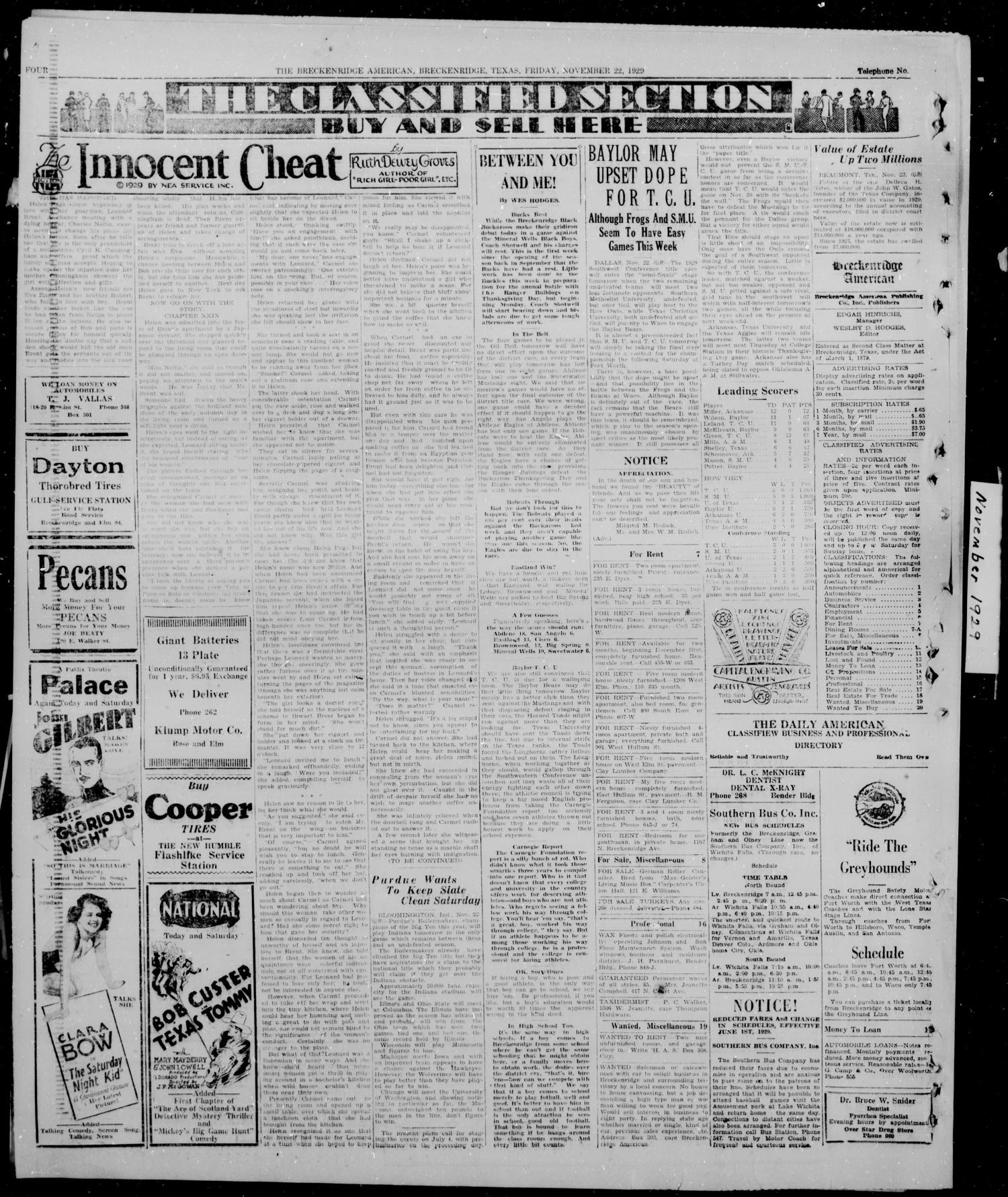 The Breckenridge American (Breckenridge, Tex.), Vol. 9, No. 308, Ed. 1, Friday, November 22, 1929
                                                
                                                    [Sequence #]: 4 of 6
                                                