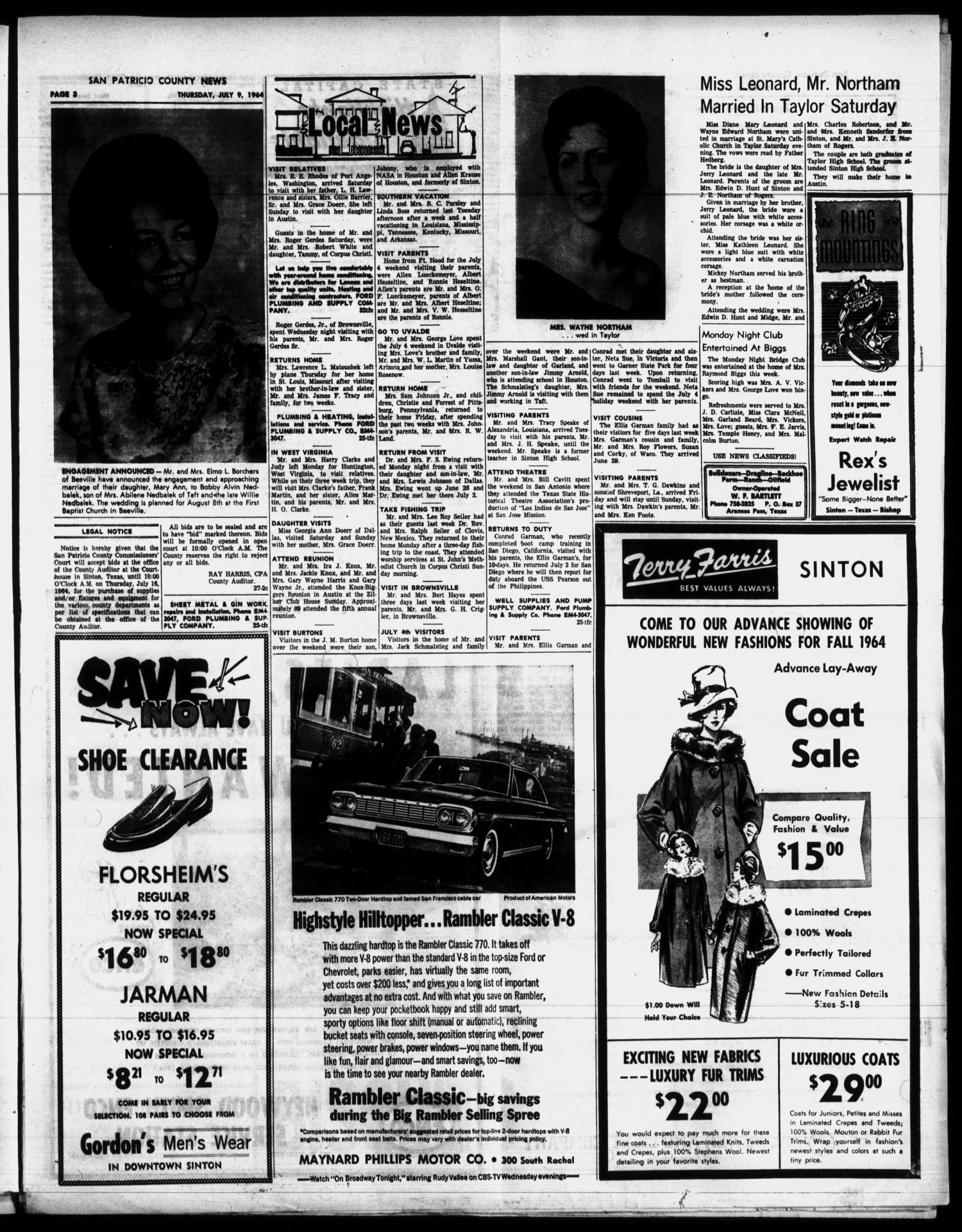 San Patricio County News (Sinton, Tex.), Vol. 56, No. 28, Ed. 1 Thursday, July 9, 1964
                                                
                                                    [Sequence #]: 3 of 8
                                                