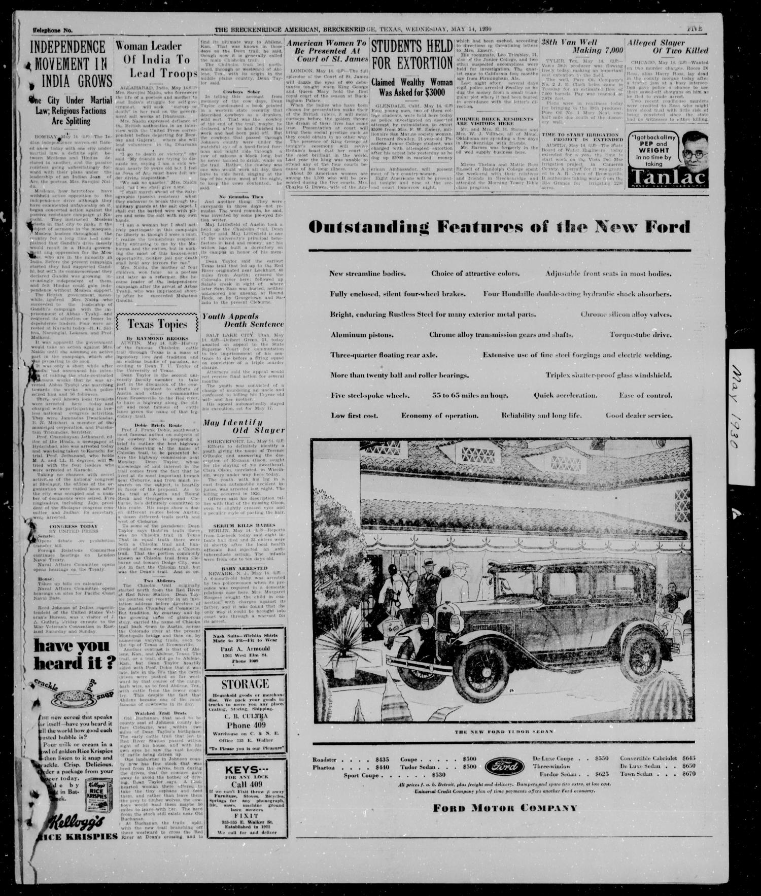 The Breckenridge American (Breckenridge, Tex.), Vol. 10, No. 141, Ed. 1, Wednesday, May 14, 1930
                                                
                                                    [Sequence #]: 5 of 6
                                                