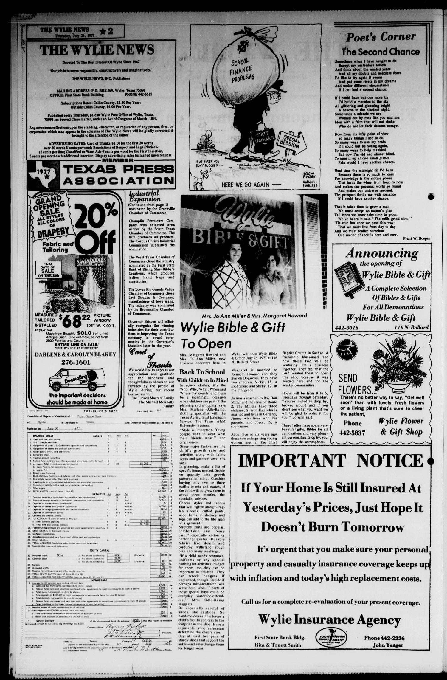The Wylie News (Wylie, Tex.), Vol. 30, No. 5, Ed. 1 Thursday, July 21, 1977
                                                
                                                    [Sequence #]: 2 of 8
                                                