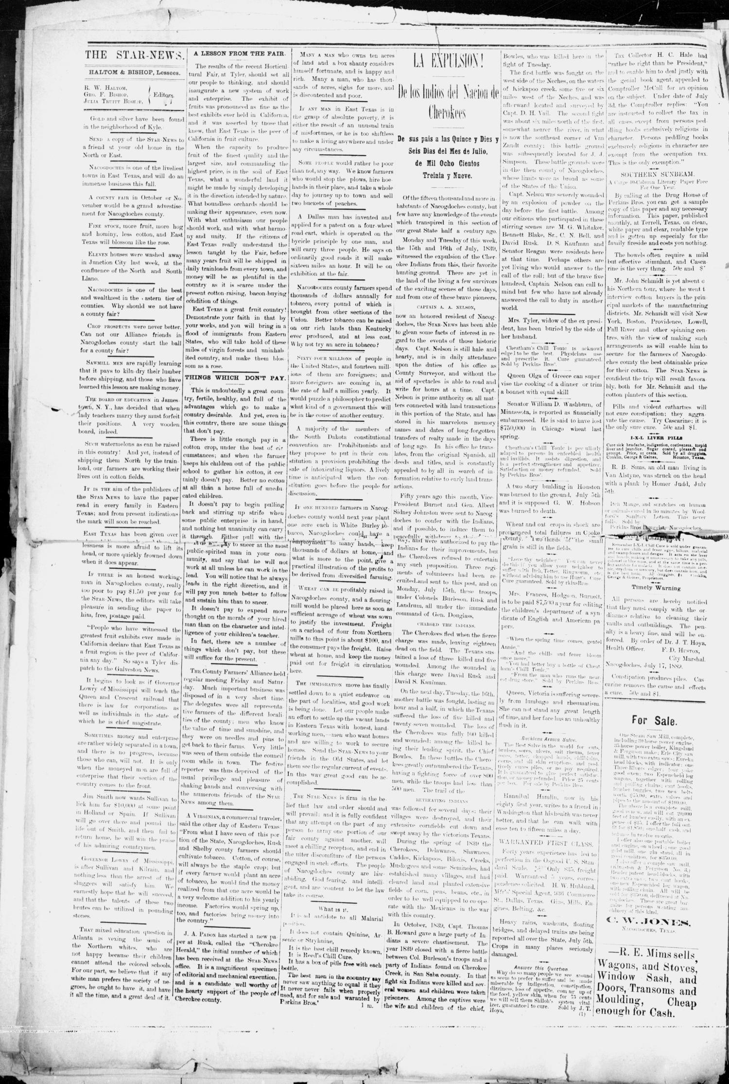 The Star News. (Nacogdoches, Tex.), Vol. 14, No. 28, Ed. 1 Friday, July 19, 1889
                                                
                                                    [Sequence #]: 4 of 8
                                                