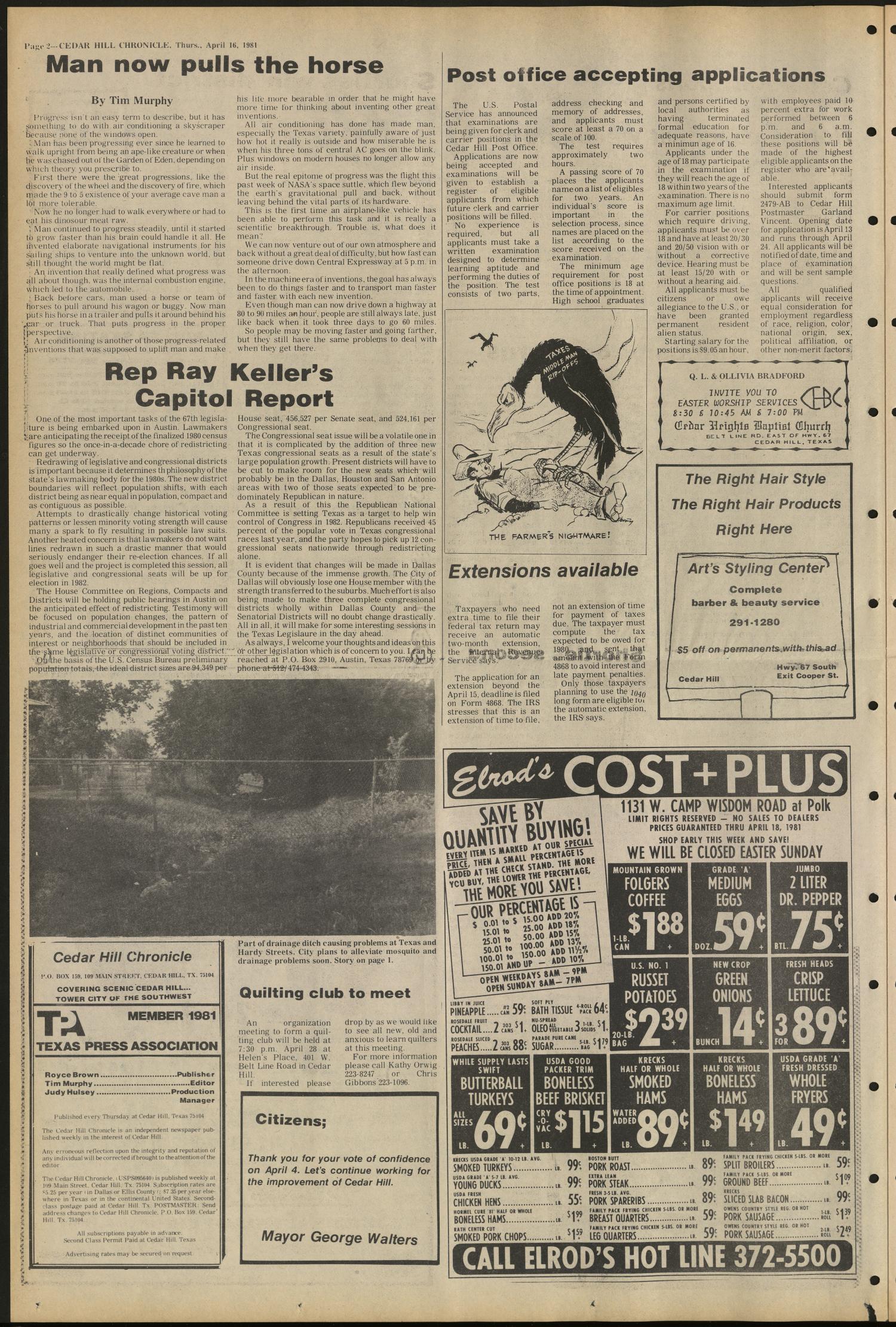 Cedar Hill Chronicle (Cedar Hill, Tex.), Vol. 17, No. 31, Ed. 1 Thursday, April 16, 1981
                                                
                                                    [Sequence #]: 2 of 28
                                                