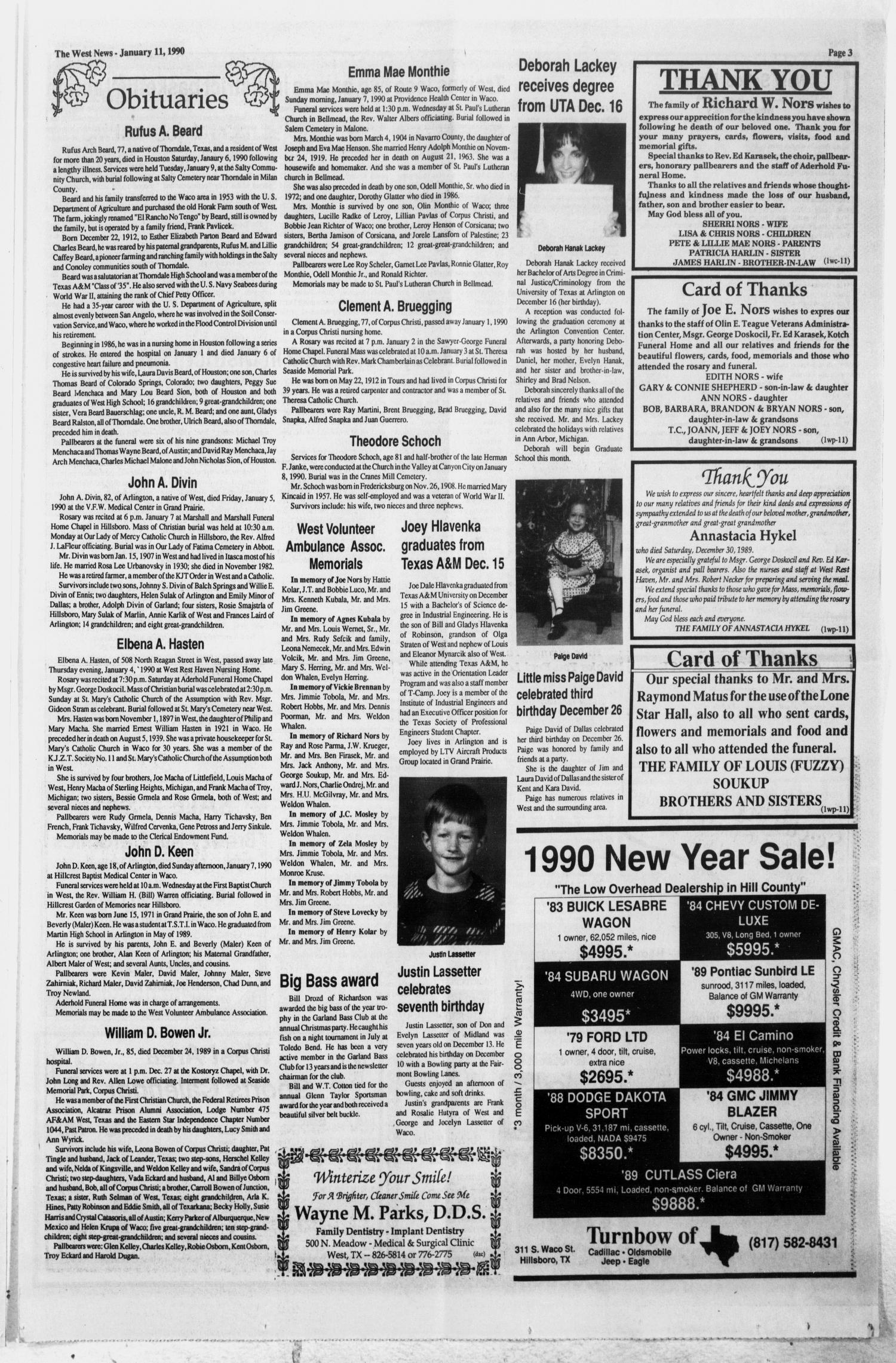 The West News (West, Tex.), Vol. 100, No. 2, Ed. 1 Thursday, January 11, 1990
                                                
                                                    [Sequence #]: 3 of 10
                                                