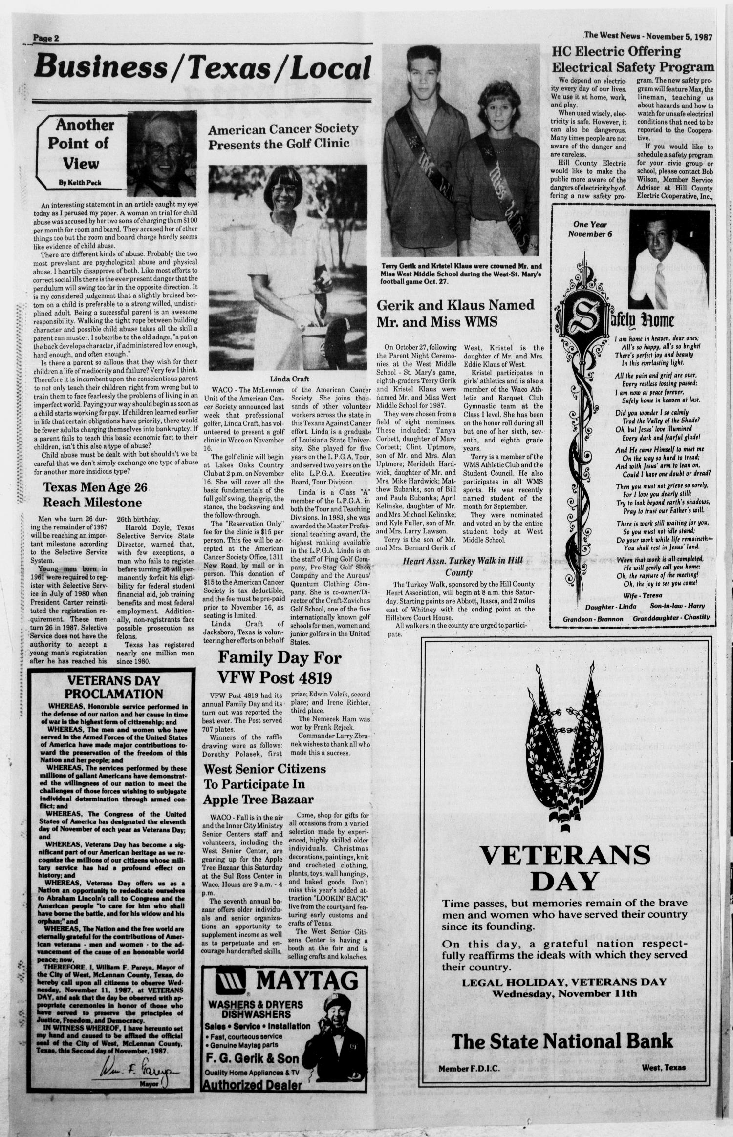 The West News (West, Tex.), Vol. 97, No. 45, Ed. 1 Thursday, November 5, 1987
                                                
                                                    [Sequence #]: 2 of 14
                                                