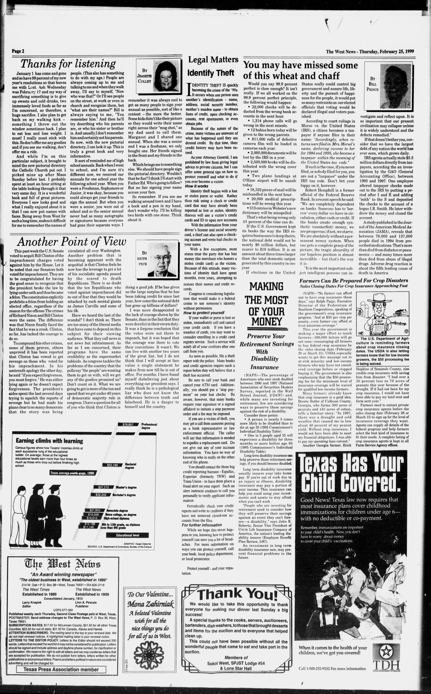 The West News (West, Tex.), Vol. 109, No. 8, Ed. 1 Thursday, February 25, 1999
                                                
                                                    [Sequence #]: 2 of 12
                                                