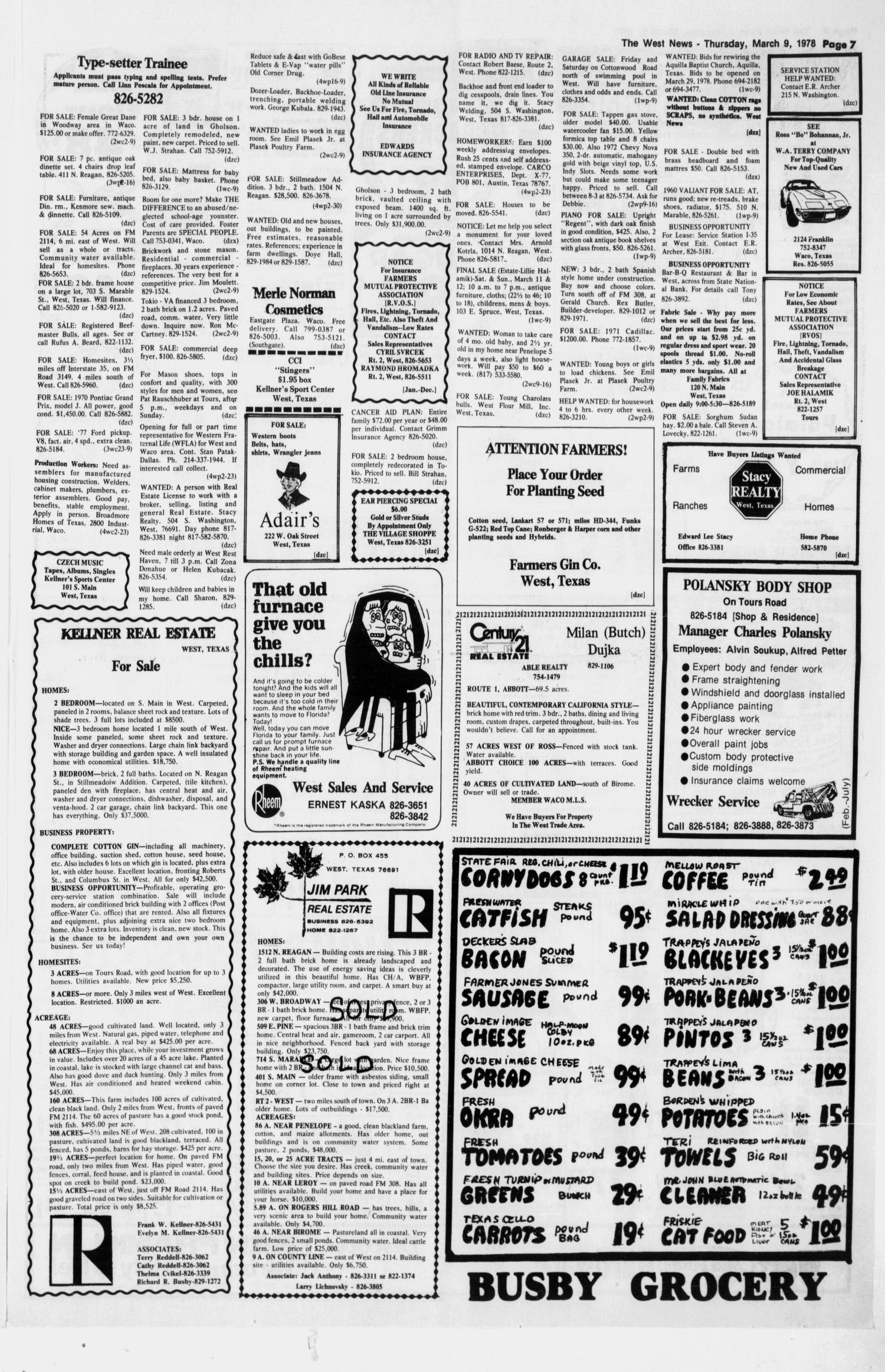 The West News (West, Tex.), Vol. 88, No. 10, Ed. 1 Thursday, March 9, 1978
                                                
                                                    [Sequence #]: 7 of 8
                                                