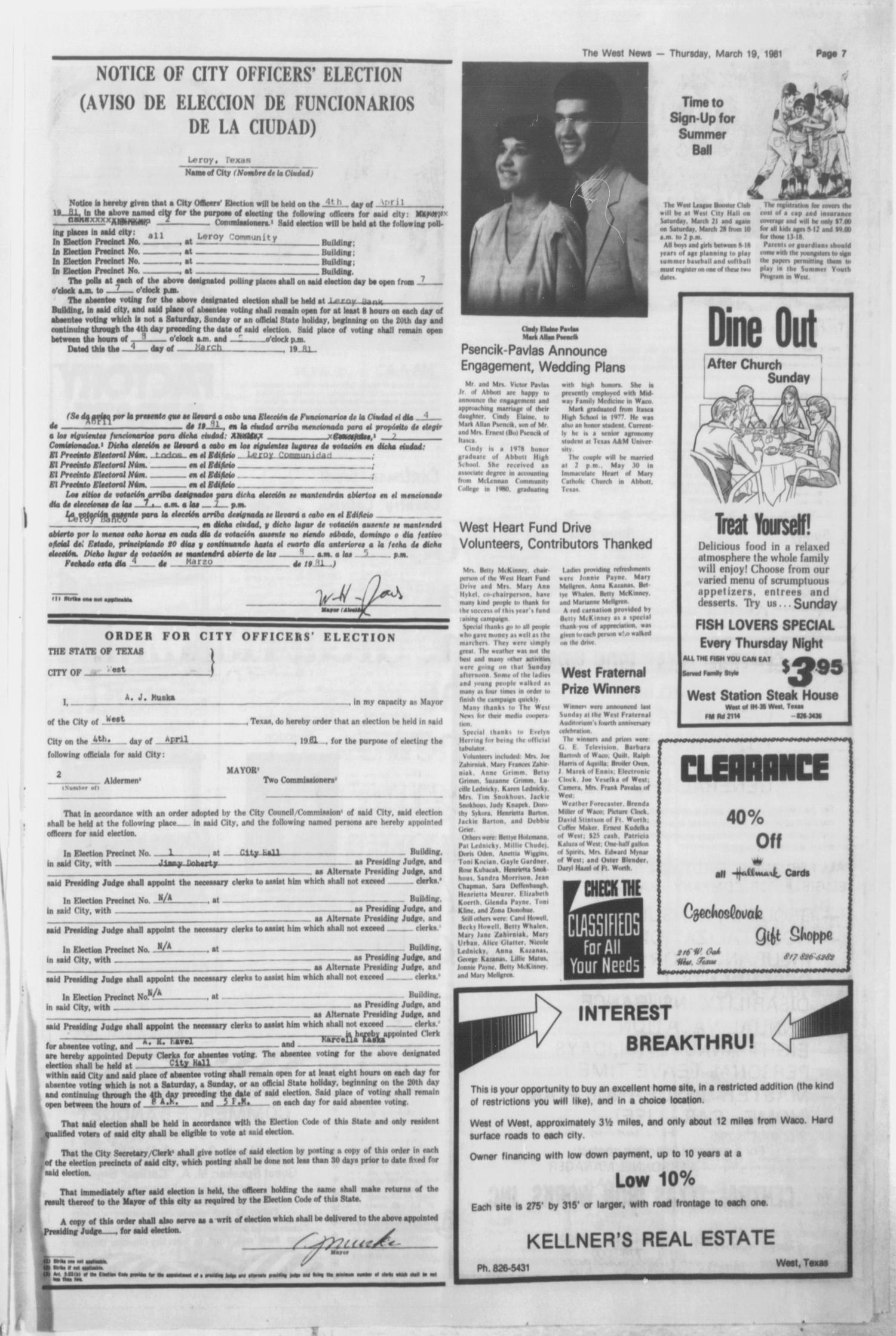 The West News (West, Tex.), Vol. 91, No. 11, Ed. 1 Thursday, March 19, 1981
                                                
                                                    [Sequence #]: 7 of 12
                                                