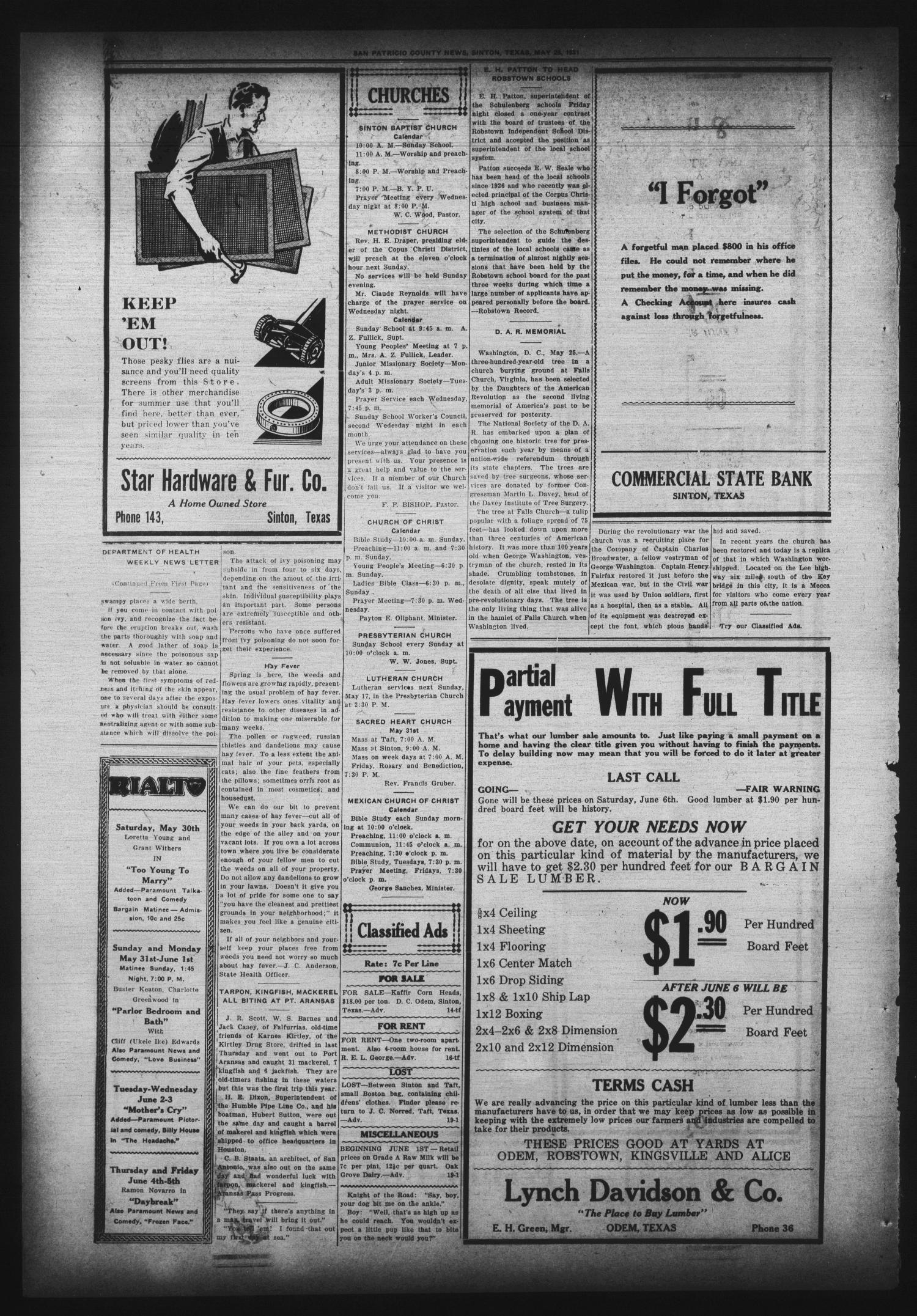 San Patricio County News (Sinton, Tex.), Vol. 23, No. 19, Ed. 1 Thursday, May 28, 1931
                                                
                                                    [Sequence #]: 8 of 8
                                                