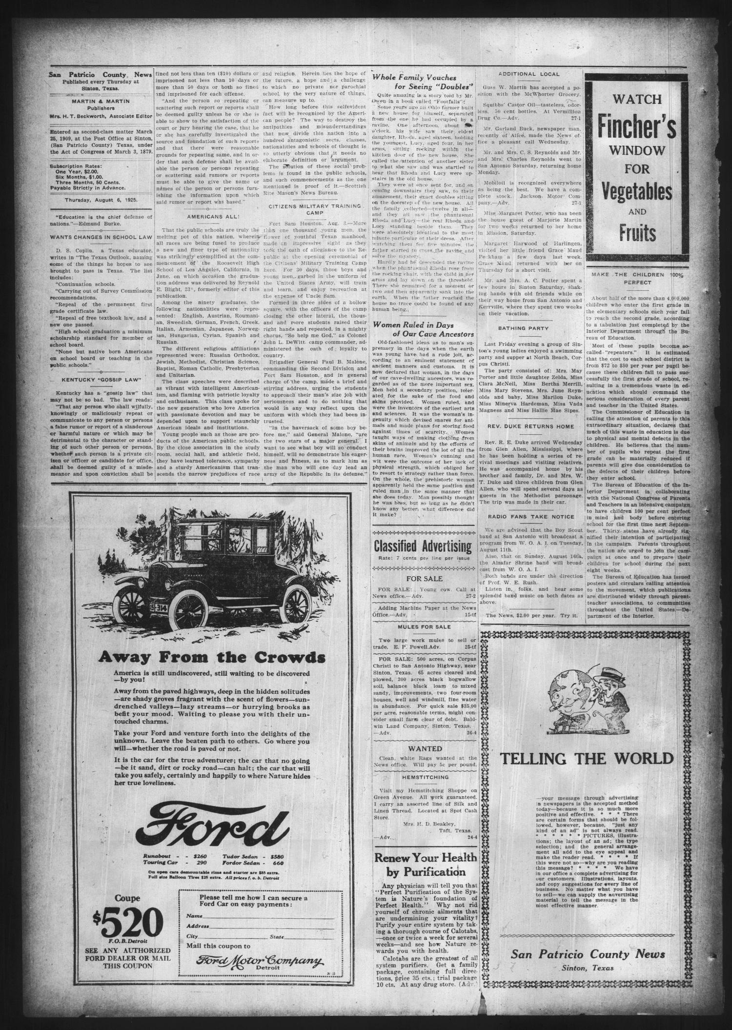 San Patricio County News (Sinton, Tex.), Vol. 17, No. 27, Ed. 1 Thursday, August 6, 1925
                                                
                                                    [Sequence #]: 2 of 6
                                                