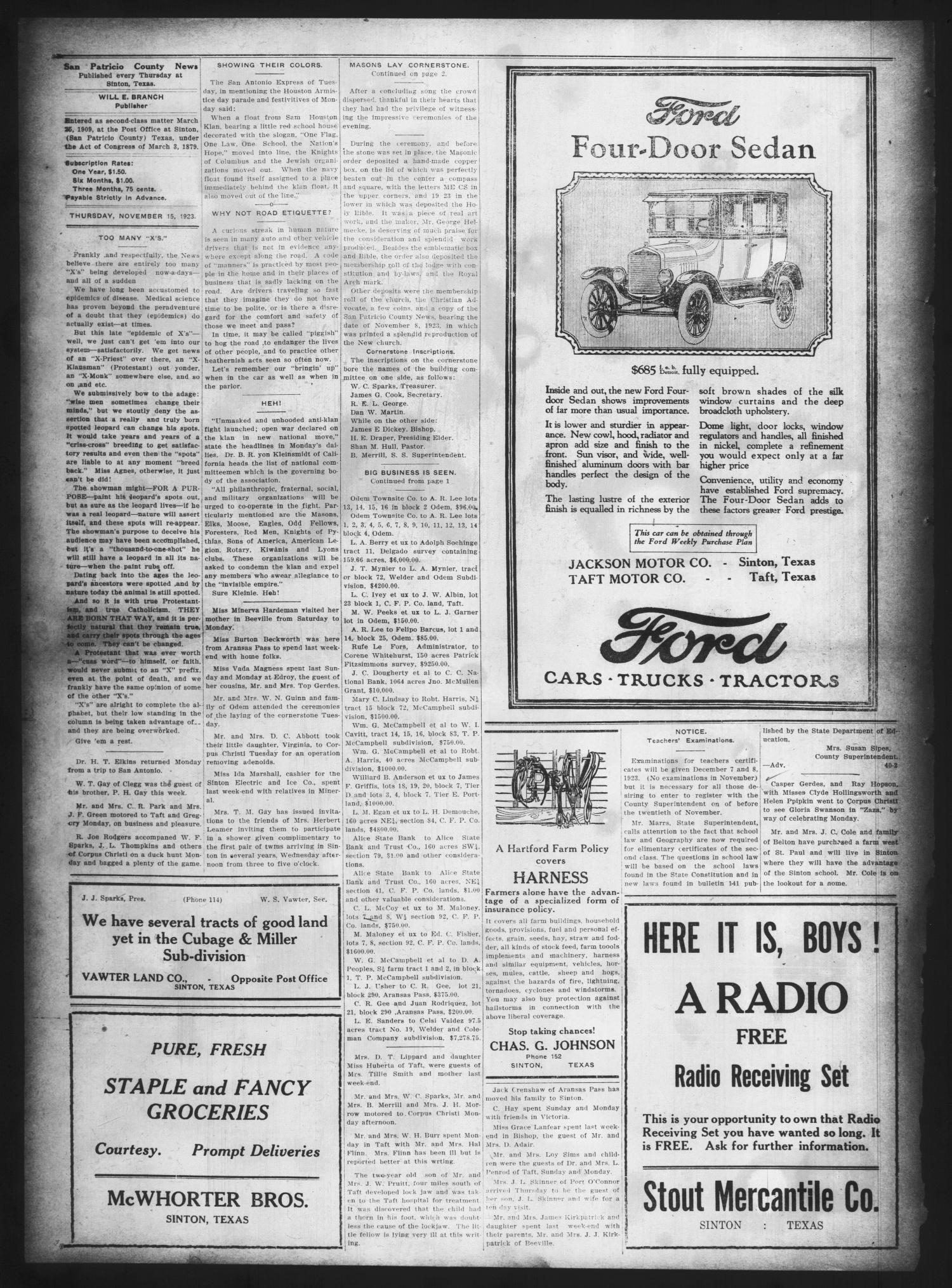 San Patricio County News (Sinton, Tex.), Vol. 15, No. 41, Ed. 1 Thursday, November 15, 1923
                                                
                                                    [Sequence #]: 2 of 6
                                                
