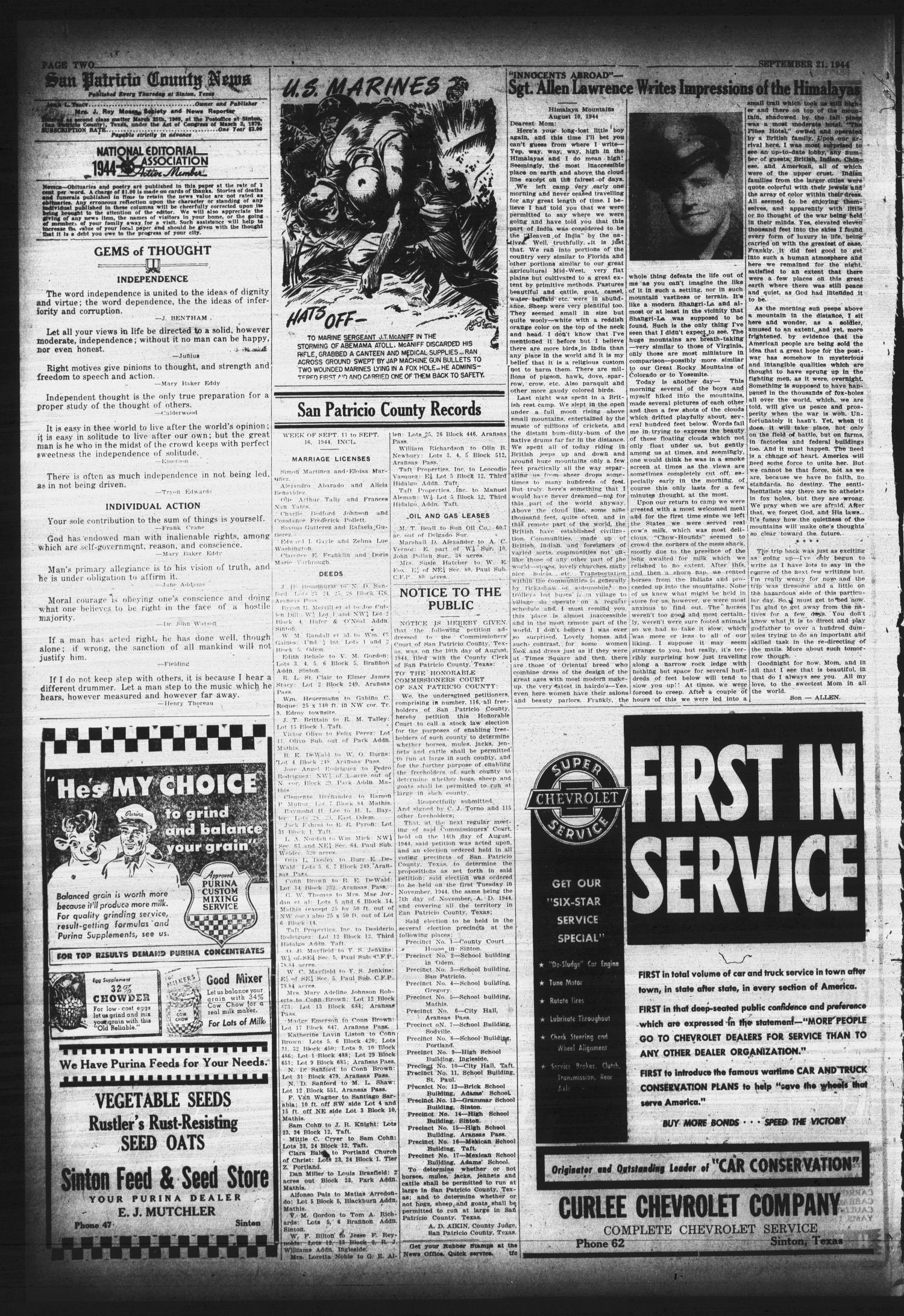 San Patricio County News (Sinton, Tex.), Vol. 36, No. 37, Ed. 1 Thursday, September 21, 1944
                                                
                                                    [Sequence #]: 2 of 8
                                                