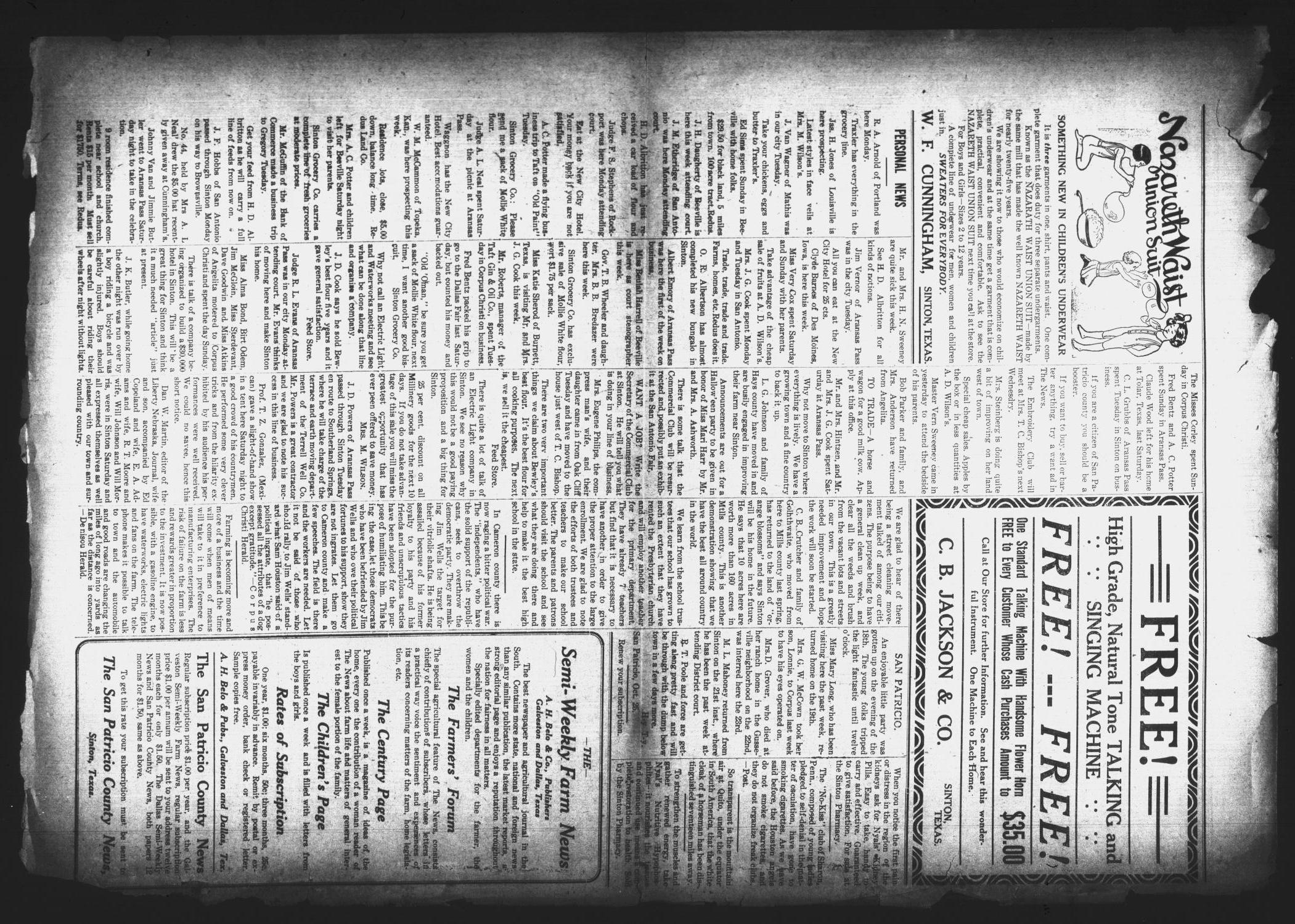 San Patricio County News (Sinton, Tex.), Vol. 2, No. 38, Ed. 1 Thursday, October 27, 1910
                                                
                                                    [Sequence #]: 8 of 8
                                                