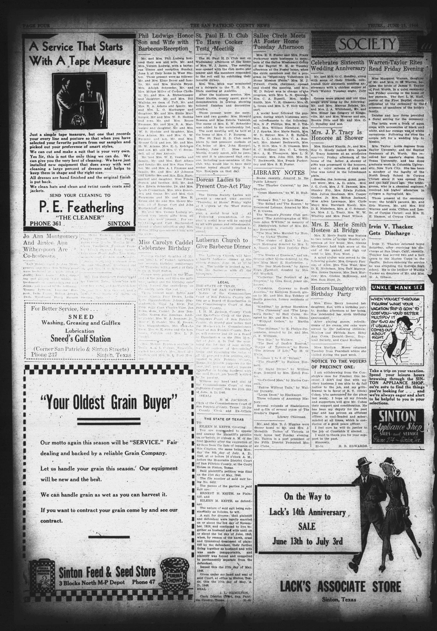 San Patricio County News (Sinton, Tex.), Vol. 38, No. 23, Ed. 1 Thursday, June 13, 1946
                                                
                                                    [Sequence #]: 4 of 8
                                                
