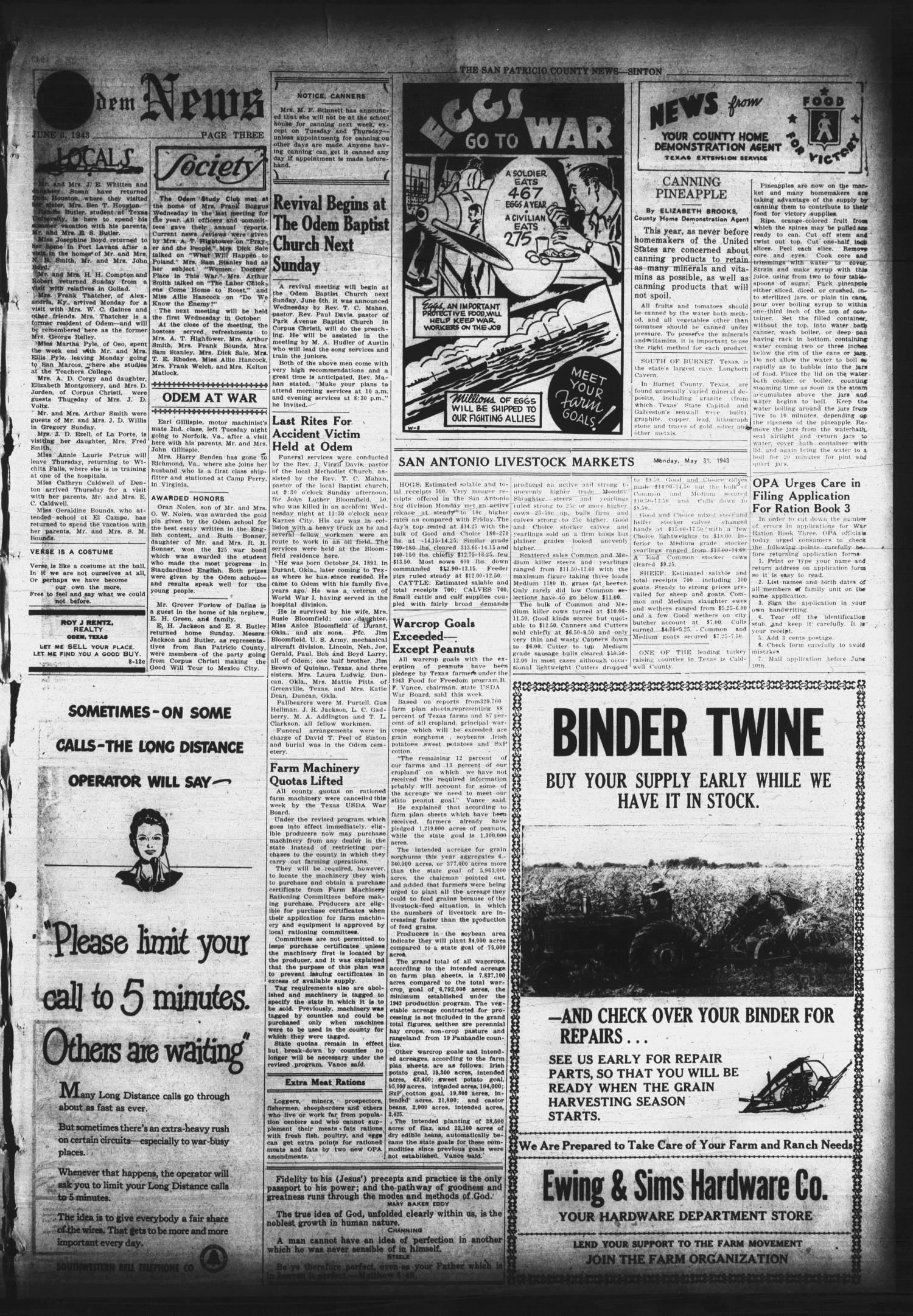 San Patricio County News (Sinton, Tex.), Vol. 35, No. 21, Ed. 1 Thursday, June 3, 1943
                                                
                                                    [Sequence #]: 3 of 8
                                                