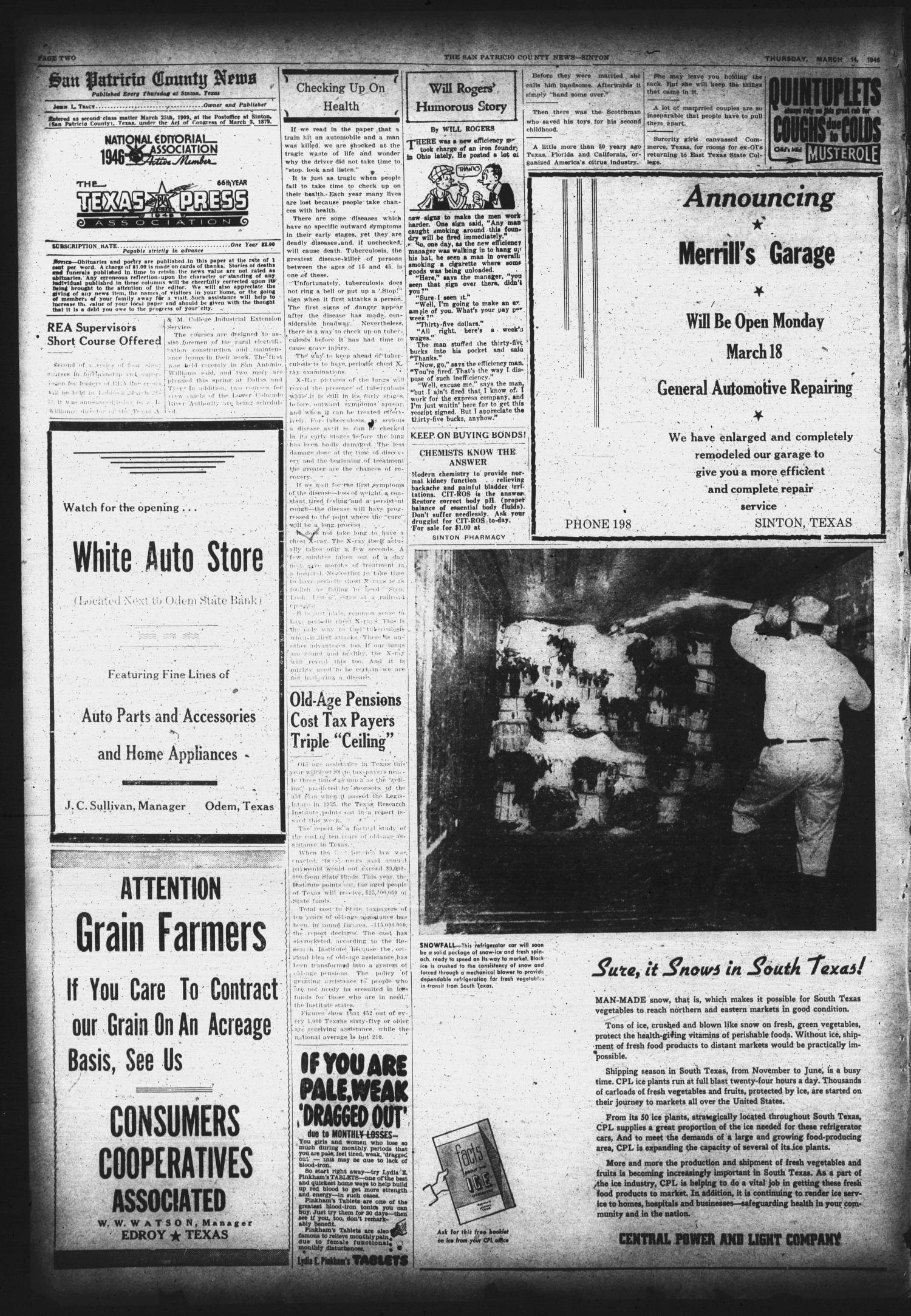 San Patricio County News (Sinton, Tex.), Vol. 38, No. 10, Ed. 1 Thursday, March 14, 1946
                                                
                                                    [Sequence #]: 2 of 8
                                                