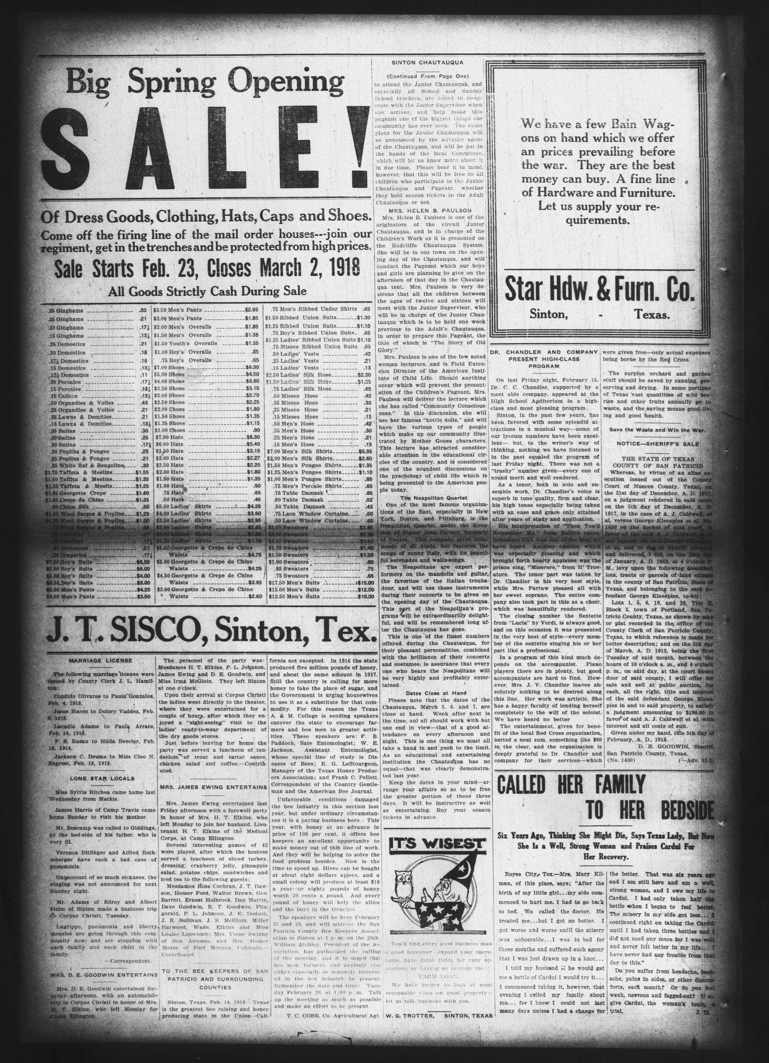 San Patricio County News (Sinton, Tex.), Vol. 10, No. 2, Ed. 1 Friday, February 22, 1918
                                                
                                                    [Sequence #]: 4 of 4
                                                