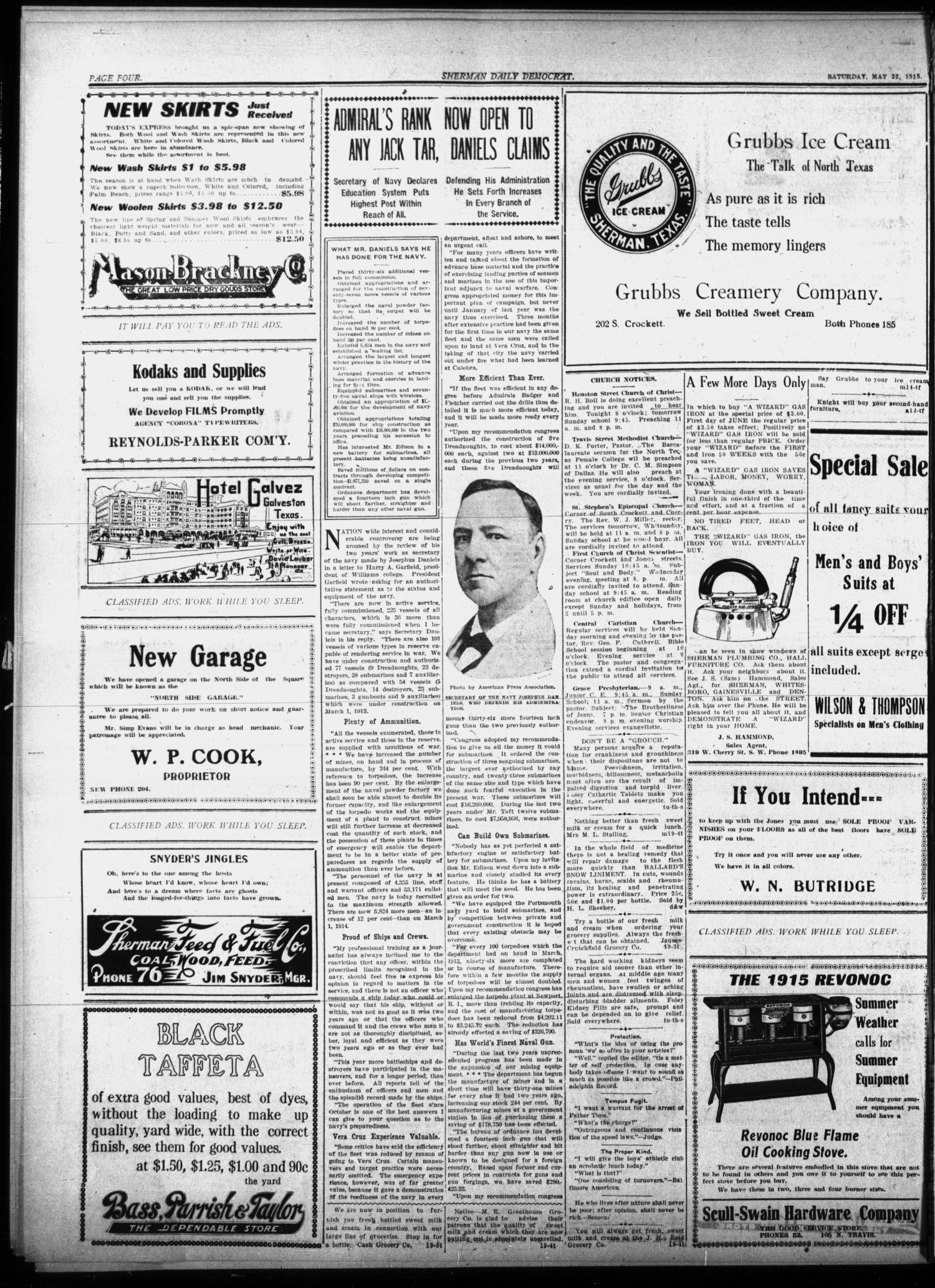 Sherman Daily Democrat (Sherman, Tex.), Vol. THIRTY-FOURTH YEAR, Ed. 1 Saturday, May 22, 1915
                                                
                                                    [Sequence #]: 4 of 8
                                                