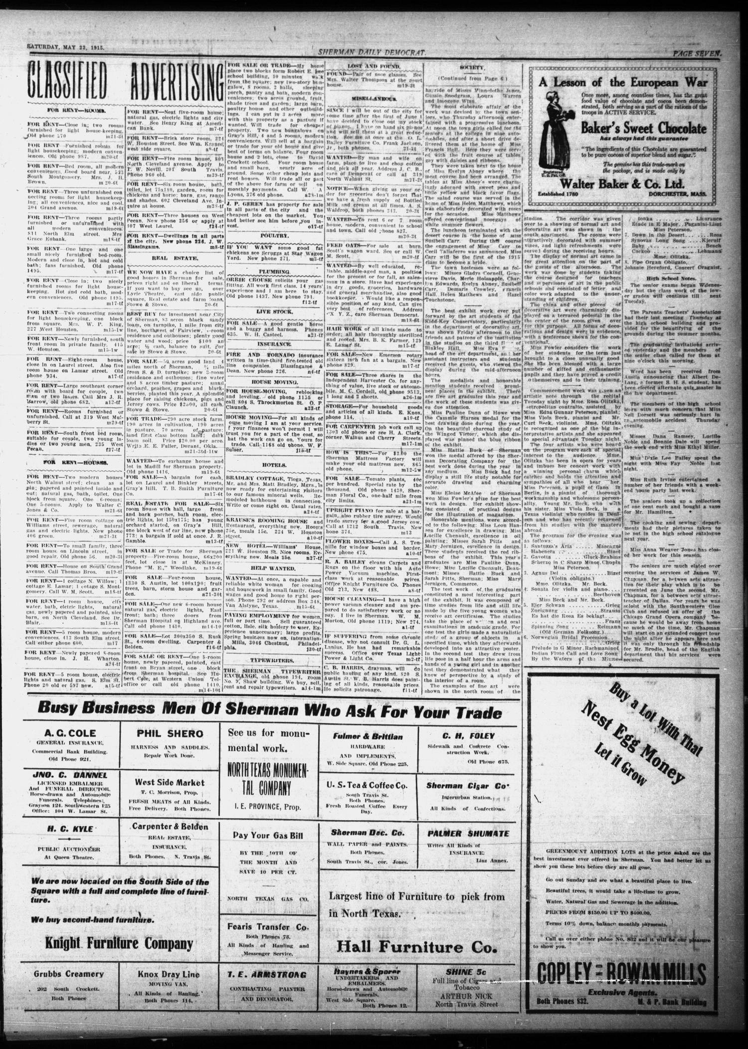 Sherman Daily Democrat (Sherman, Tex.), Vol. THIRTY-FOURTH YEAR, Ed. 1 Saturday, May 22, 1915
                                                
                                                    [Sequence #]: 7 of 8
                                                