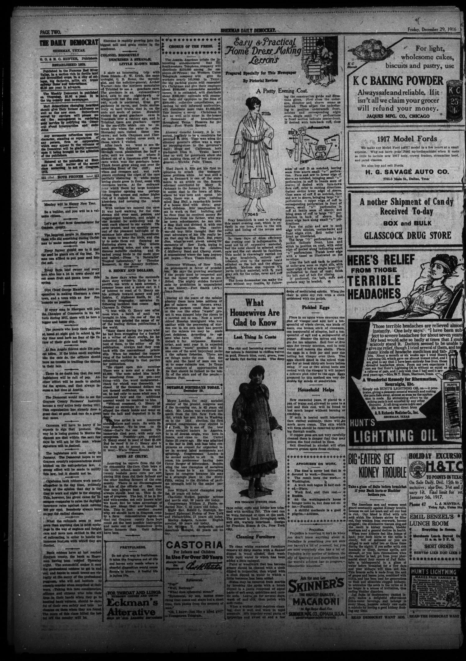 Sherman Daily Democrat (Sherman, Tex.), Vol. THIRTY-SIXTH YEAR, Ed. 1 Friday, December 29, 1916
                                                
                                                    [Sequence #]: 2 of 8
                                                