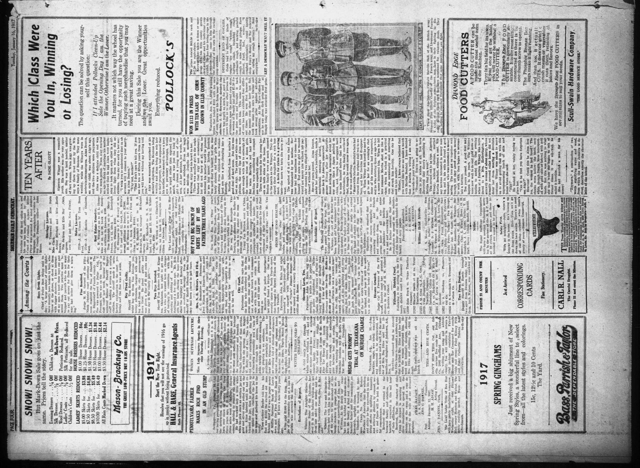 Sherman Daily Democrat (Sherman, Tex.), Vol. THIRTY-SIXTH YEAR, Ed. 1 Tuesday, January 16, 1917
                                                
                                                    [Sequence #]: 4 of 8
                                                